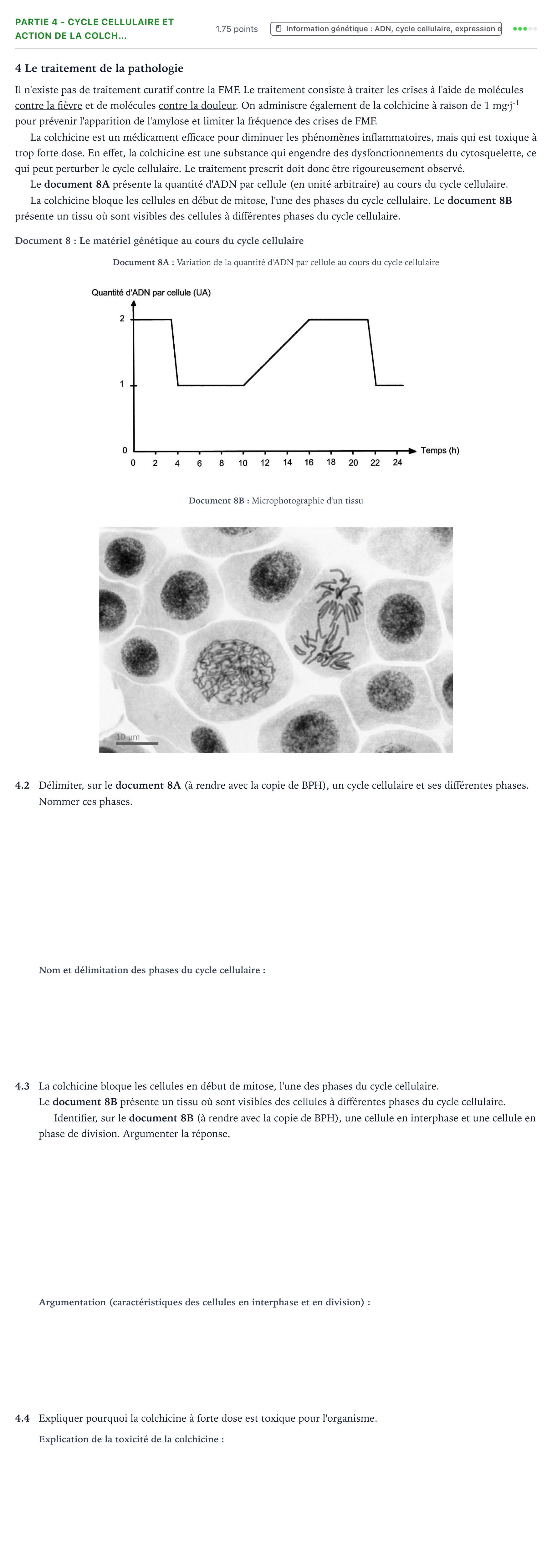 Énoncé: Partie 4 - Cycle cellulaire et action de la colch… · Bac ST2S Chimie, Biologie et Physiopathologie Humaines Métropole remplacement 2026