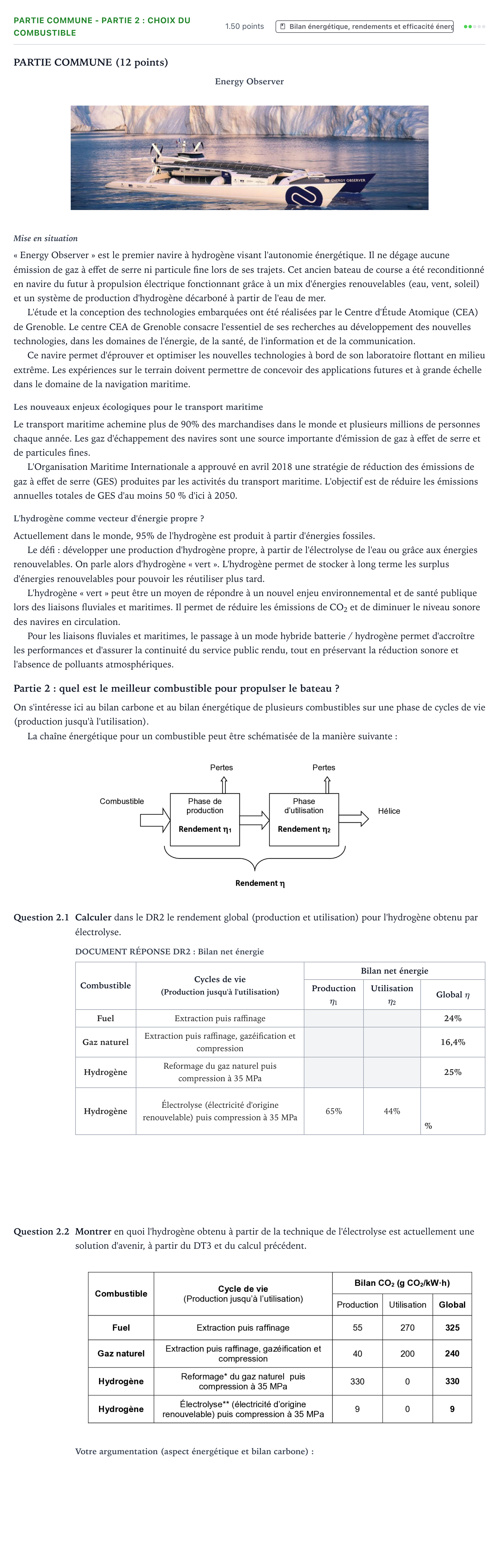 Énoncé: Partie commune - Partie 2 : Choix du combustible · Bac STI2D Ingénierie, Innovation et Développement Durable Métropole remplacement - AC 2022