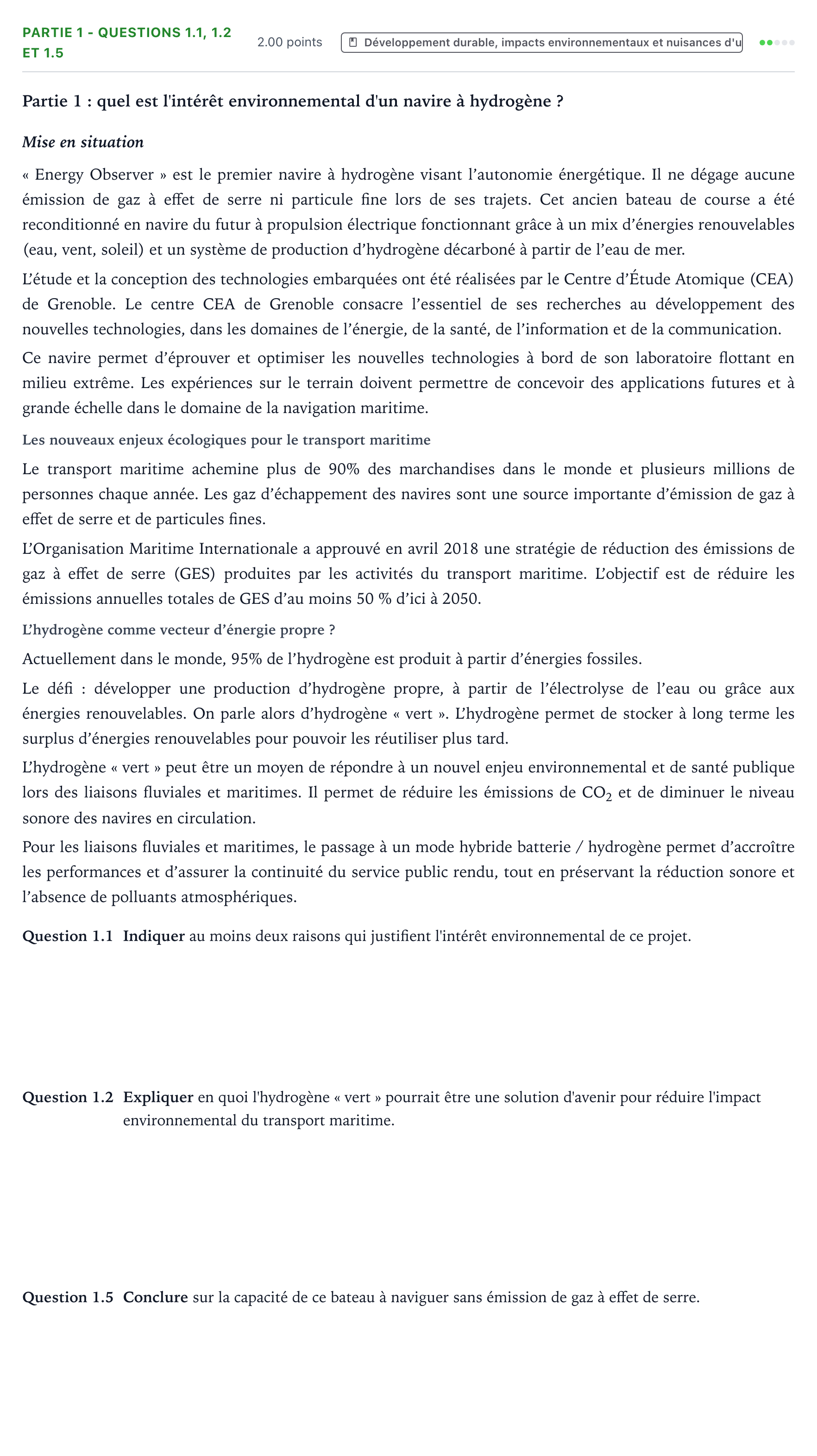 Énoncé: Partie 1 - Questions 1.1, 1.2 et 1.5 · Bac STI2D Ingénierie, Innovation et Développement Durable Métropole remplacement - EE 2022