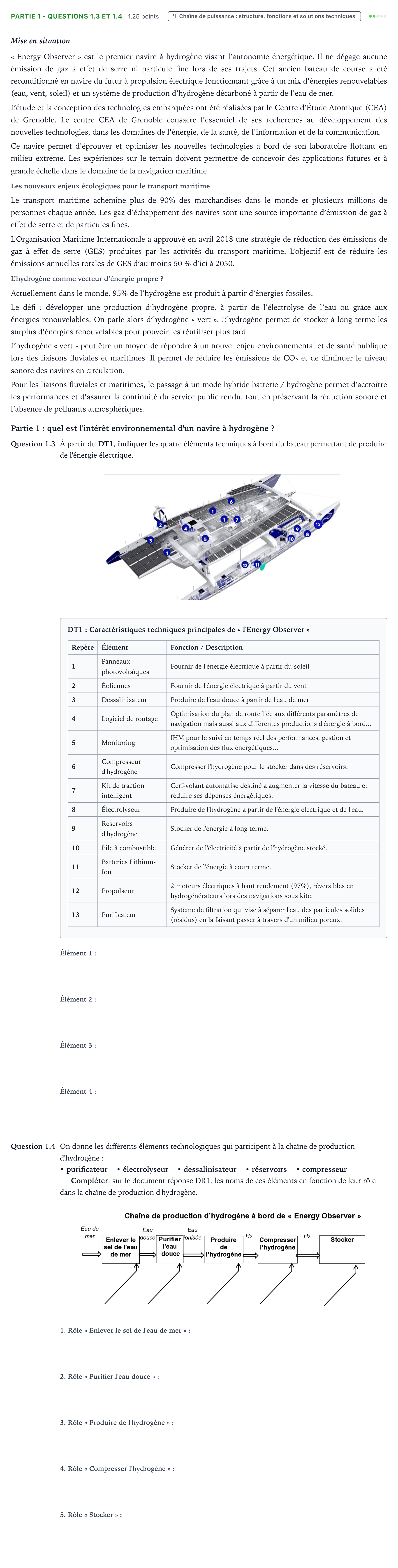 Énoncé: Partie 1 - Questions 1.3 et 1.4 · Bac STI2D Ingénierie, Innovation et Développement Durable Métropole remplacement - EE 2022