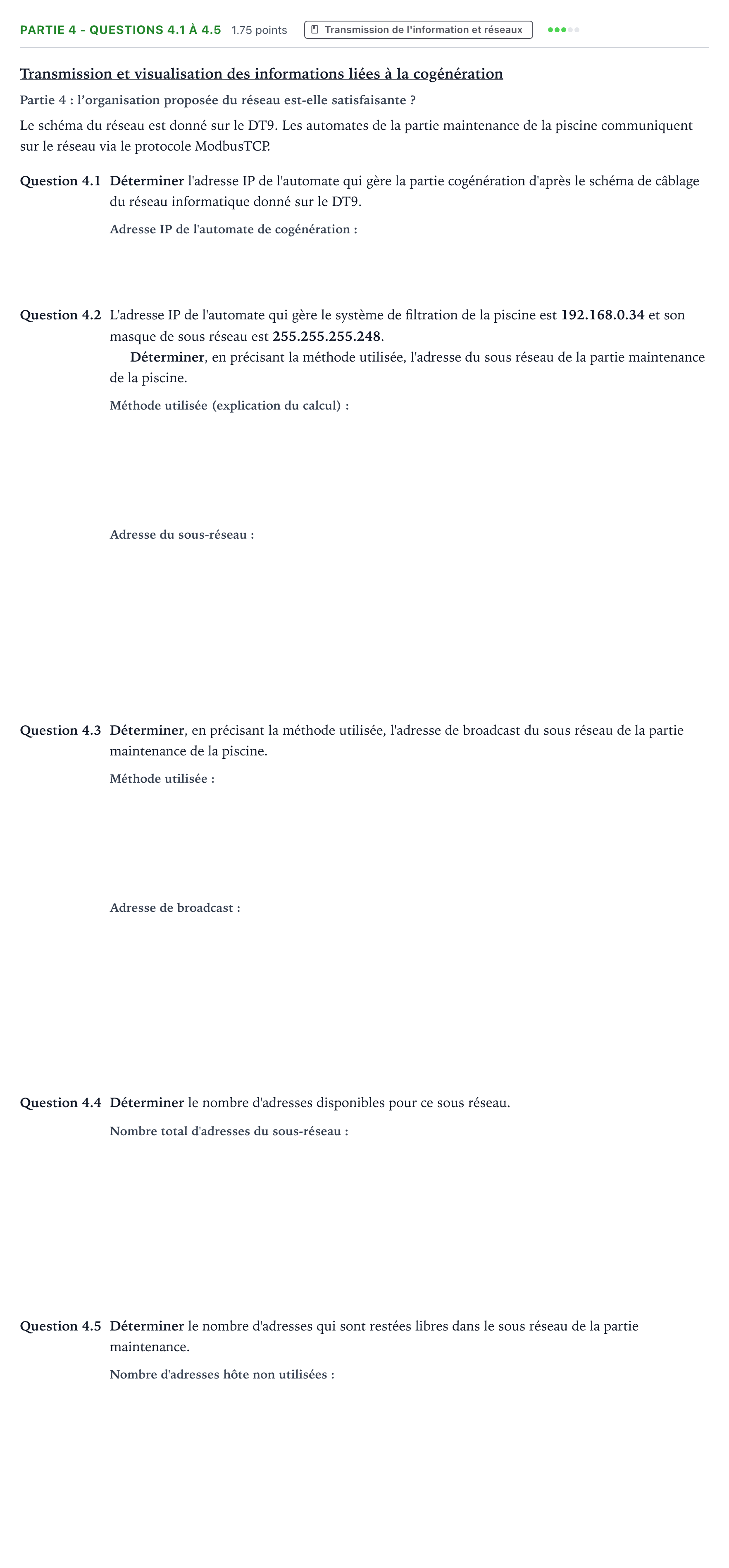 Énoncé: Partie 4 - Questions 4.1 à 4.5 · Bac STI2D Ingénierie, Innovation et Développement Durable Métropole Candidat libre - ITEC 2021