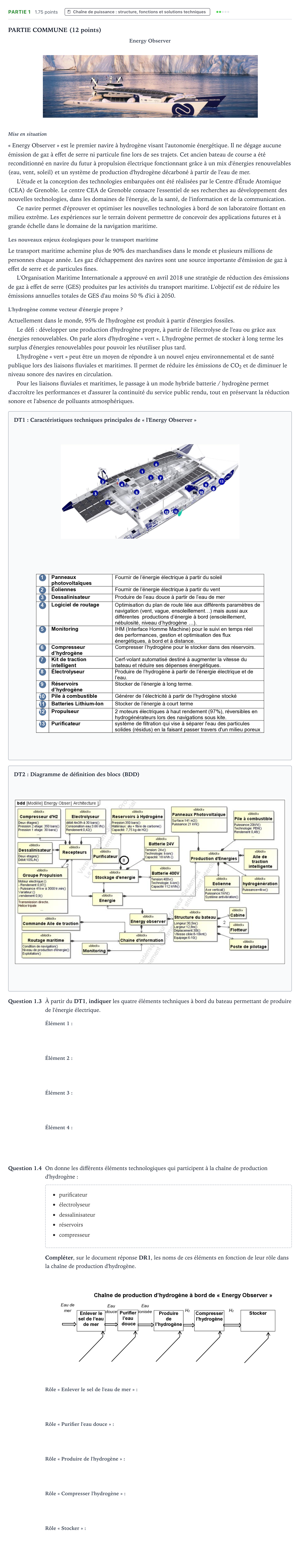 Énoncé: Partie 1 - Chaîne de puissance · Bac STI2D Ingénierie, Innovation et Développement Durable Métropole remplacement - ITEC 2022