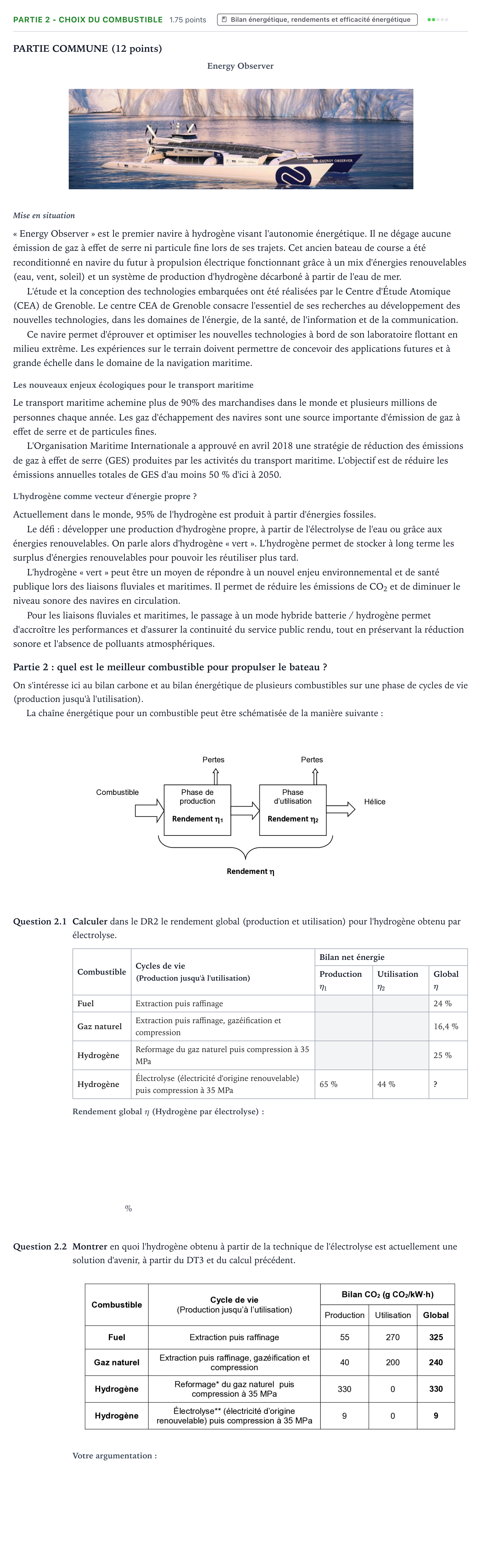 Énoncé: Partie 2 - Choix du combustible · Bac STI2D Ingénierie, Innovation et Développement Durable Métropole remplacement - ITEC 2022