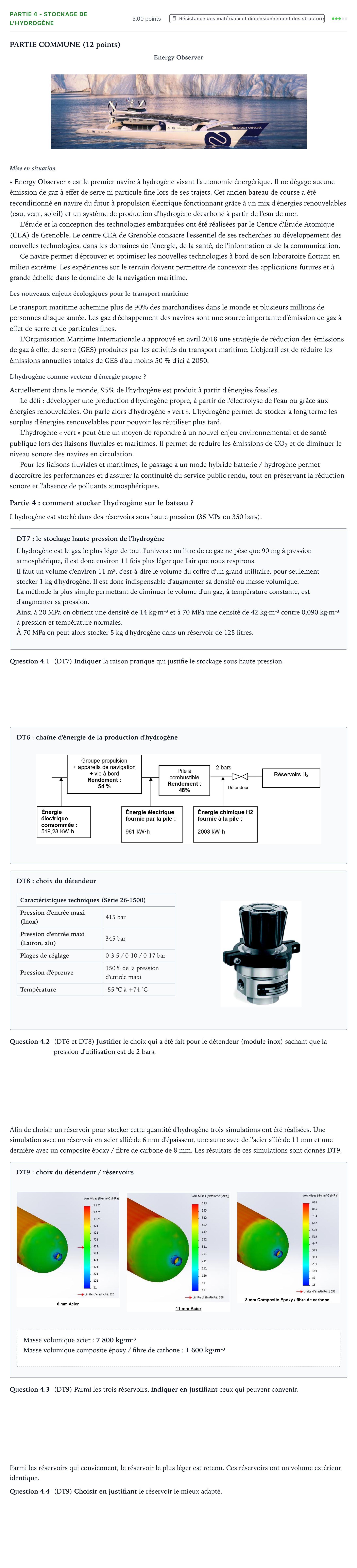 Énoncé: Partie 4 - Stockage de l'hydrogène · Bac STI2D Ingénierie, Innovation et Développement Durable Métropole remplacement - ITEC 2022