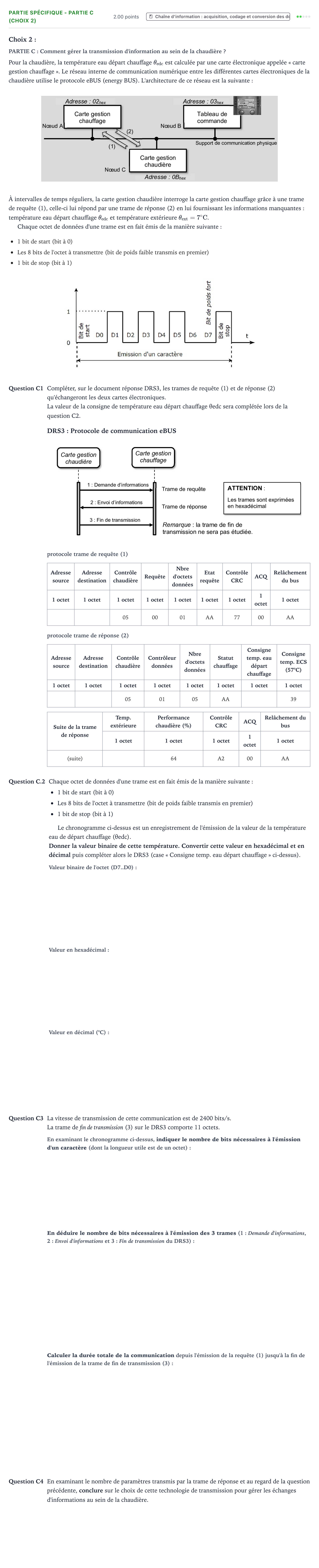 Énoncé: Partie spécifique - Partie C (Choix 2) · Bac STI2D Ingénierie, Innovation et Développement Durable Métropole remplacement - SIN 2021