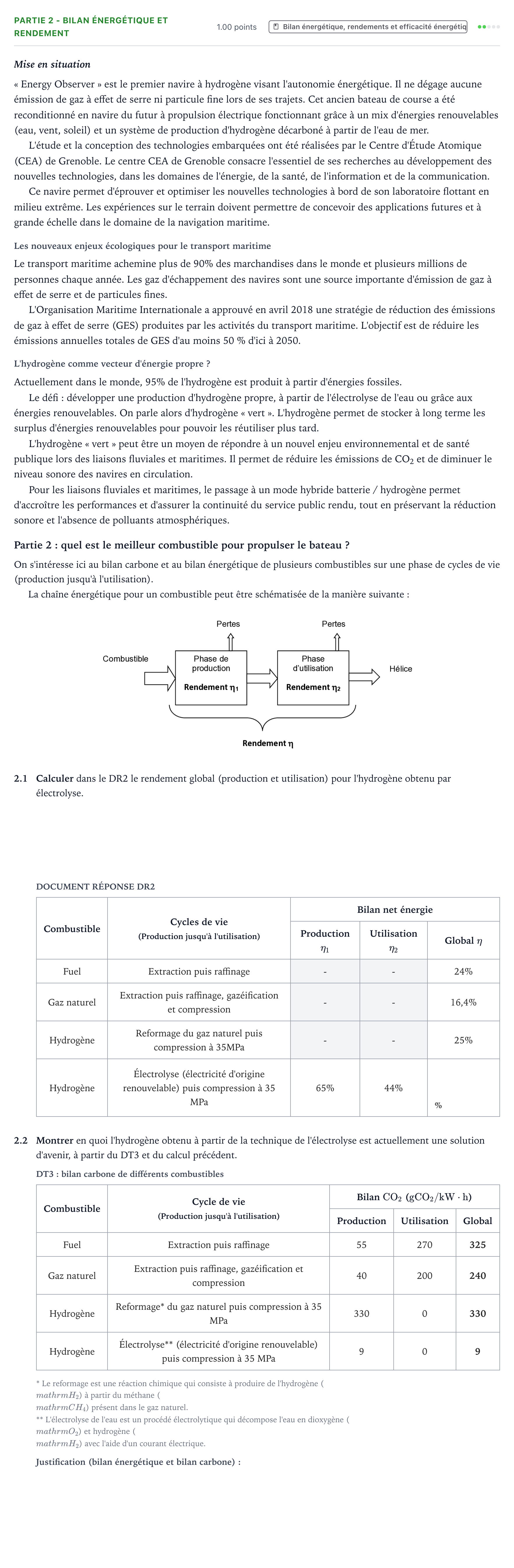 Énoncé: Partie 2 - Bilan énergétique et rendement · Bac STI2D Ingénierie, Innovation et Développement Durable Métropole remplacement - SIN 2022