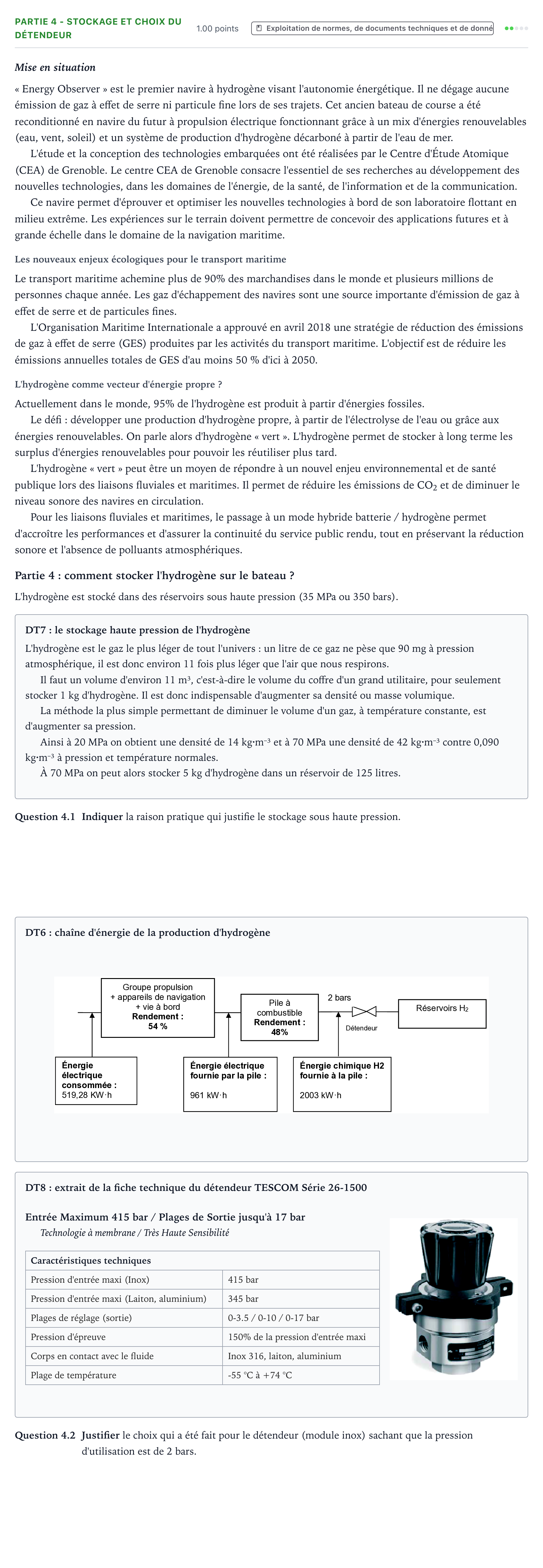 Énoncé: Partie 4 - Stockage et choix du détendeur · Bac STI2D Ingénierie, Innovation et Développement Durable Métropole remplacement - SIN 2022