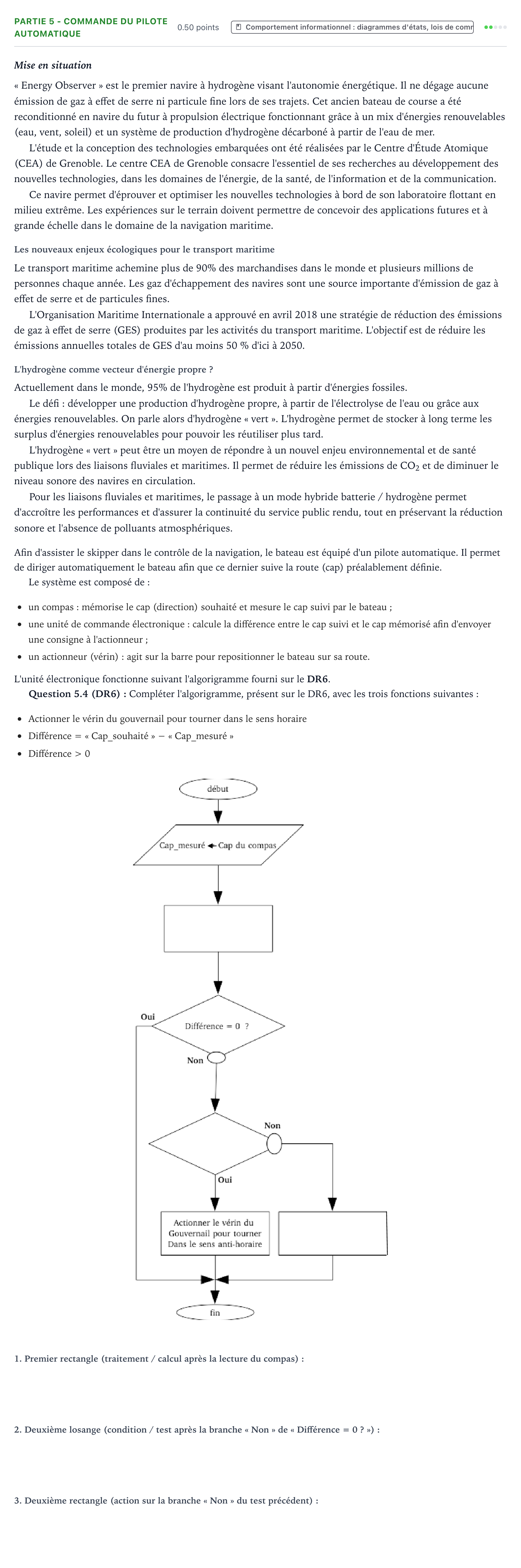 Énoncé: Partie 5 - Commande du pilote automatique · Bac STI2D Ingénierie, Innovation et Développement Durable Métropole remplacement - SIN 2022