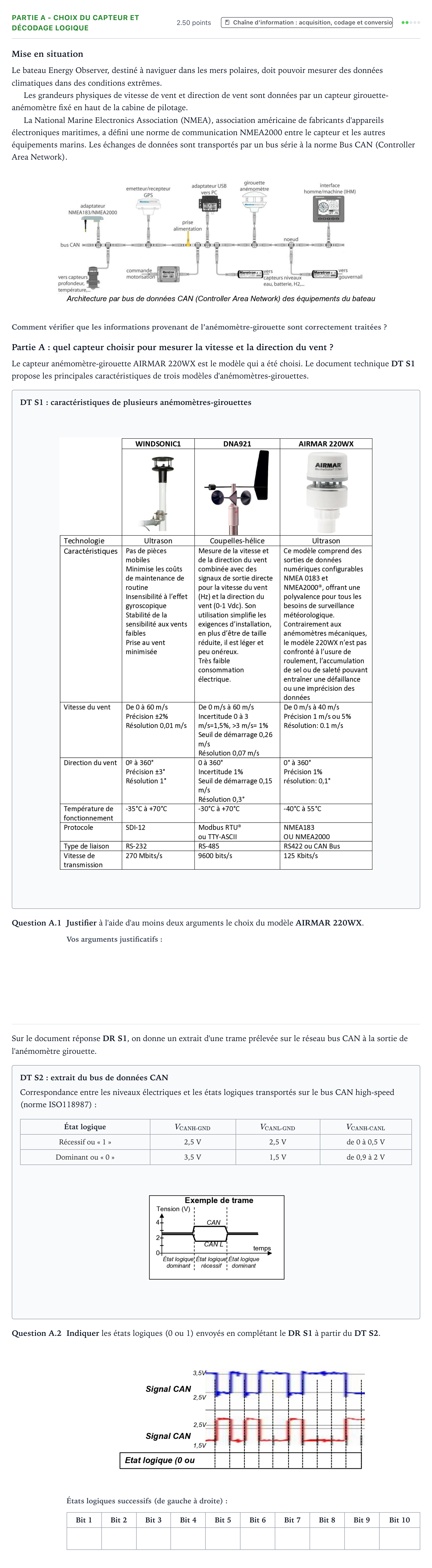 Énoncé: Partie A - Choix du capteur et décodage logique · Bac STI2D Ingénierie, Innovation et Développement Durable Métropole remplacement - SIN 2022