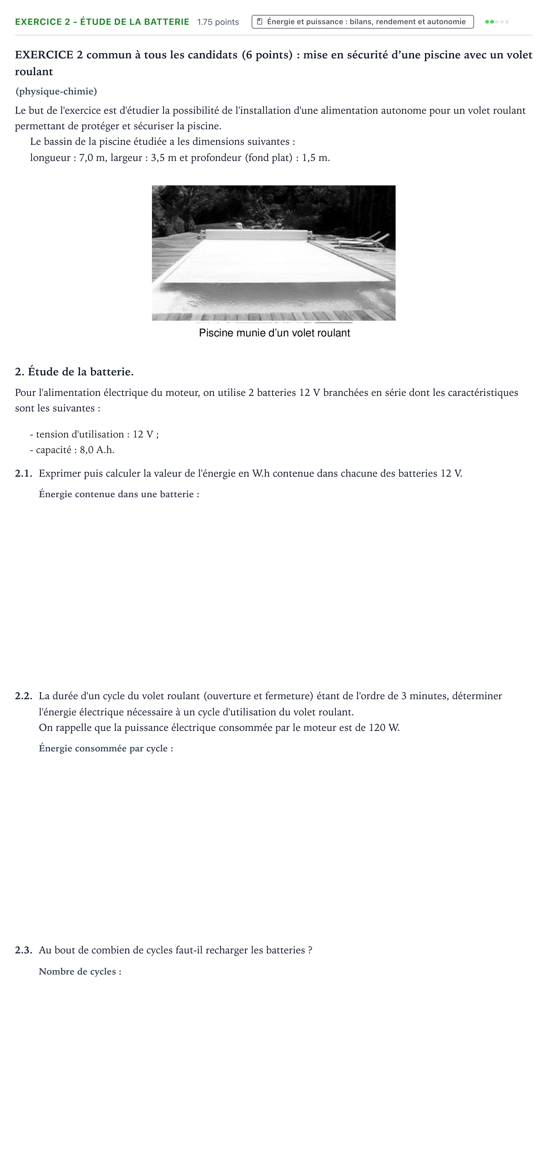 Énoncé: Exercice 2 - Étude de la batterie · Bac STI2D Physique-Chimie et Mathématiques Métropole Candidat libre 2021