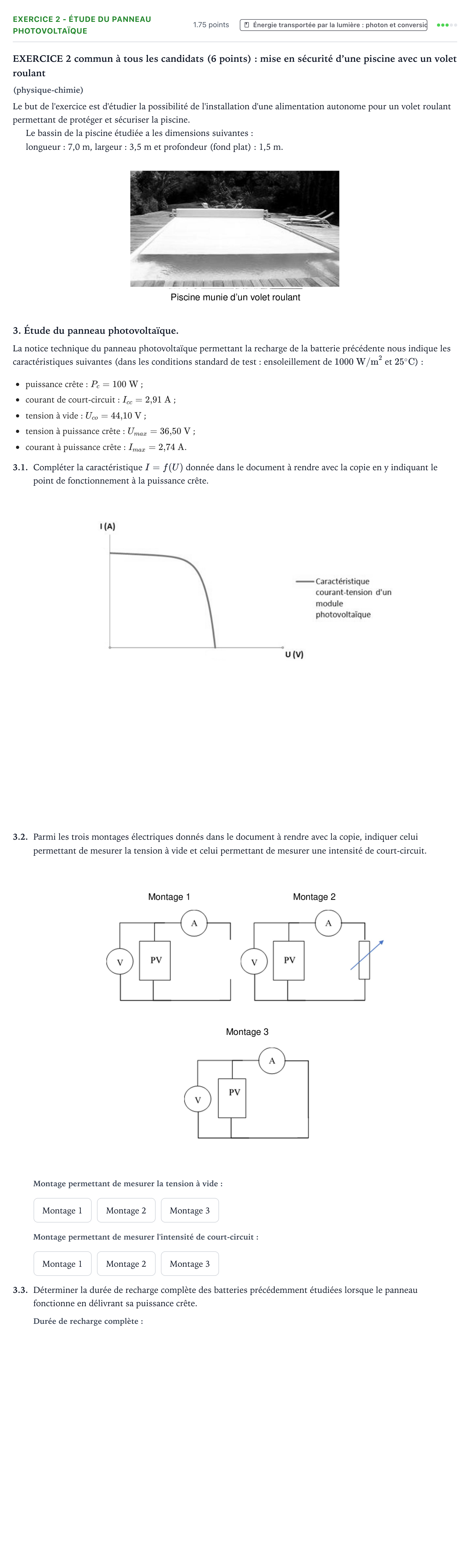 Énoncé: Exercice 2 - Étude du panneau photovoltaïque · Bac STI2D Physique-Chimie et Mathématiques Métropole Candidat libre 2021