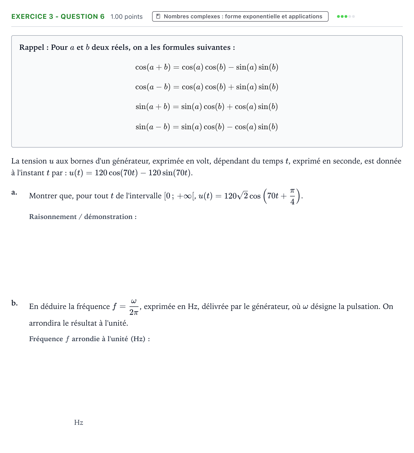 Énoncé: Exercice 3 - Question 6 · Bac STI2D Physique-Chimie et Mathématiques Métropole Candidat libre 2021