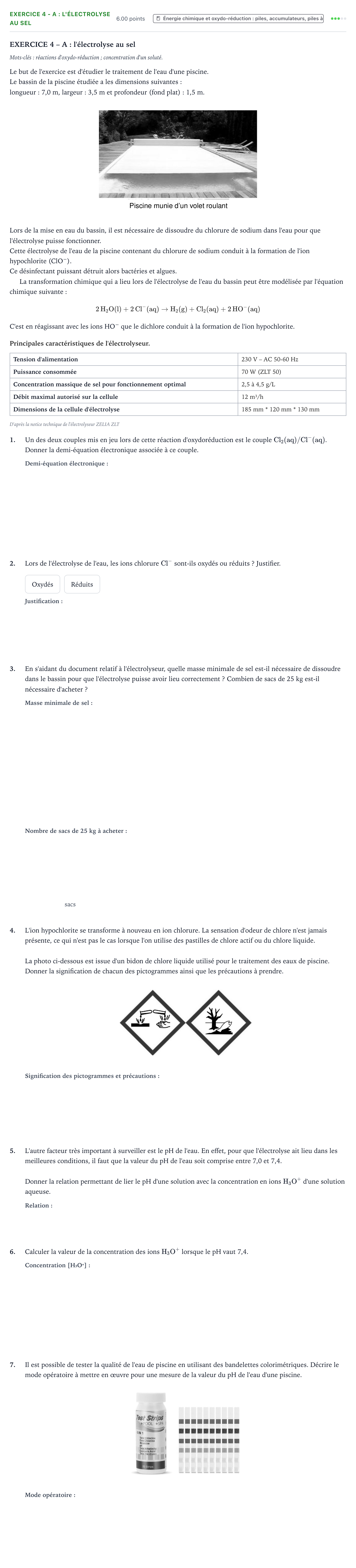 Énoncé: Exercice 4 - A : l'électrolyse au sel · Bac STI2D Physique-Chimie et Mathématiques Métropole Candidat libre 2021