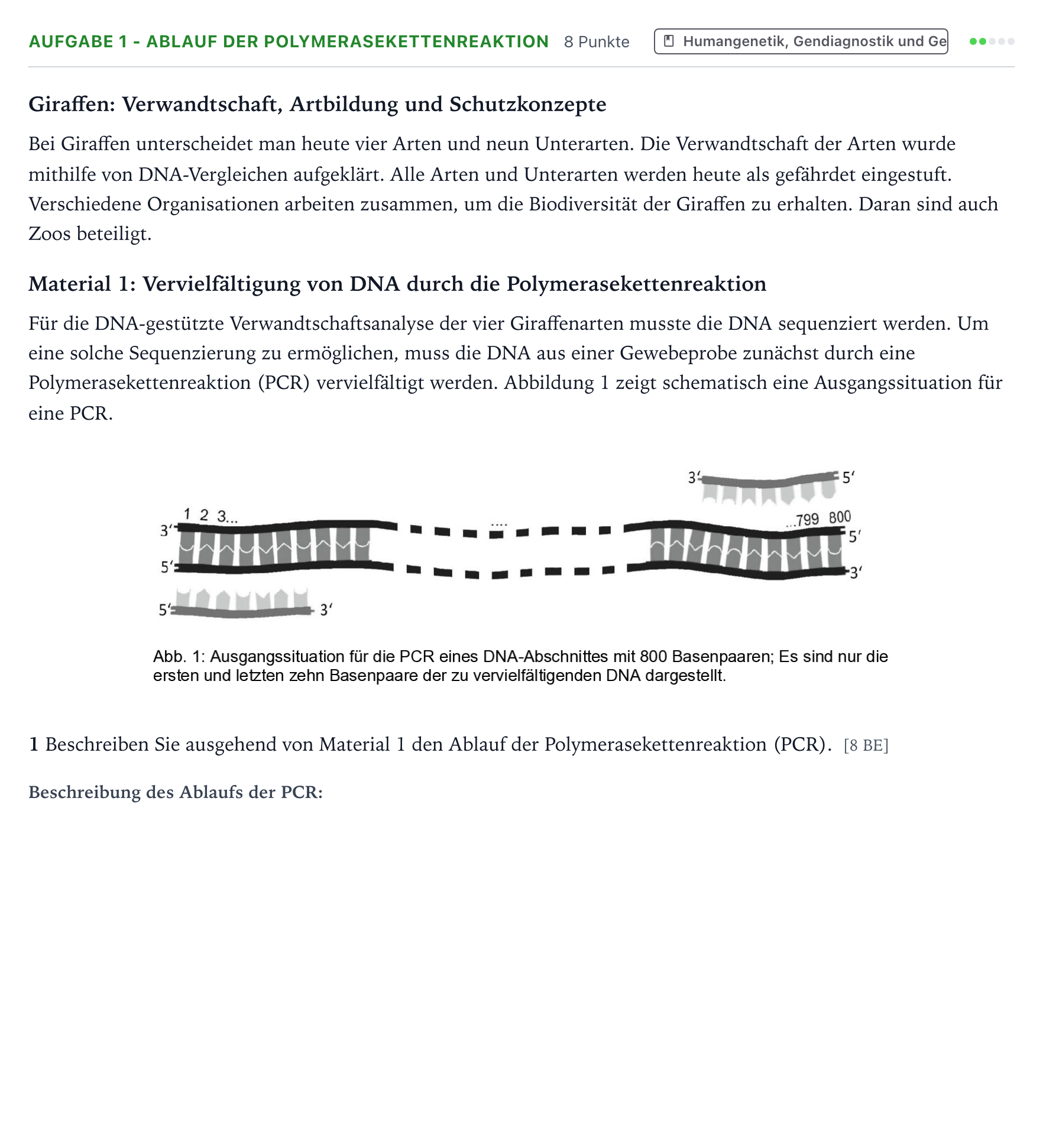 Aufgabenstellung: Aufgabe 1 - Ablauf der Polymerasekettenreaktion · Abitur NRW Biologie LK · Giraffe 2025