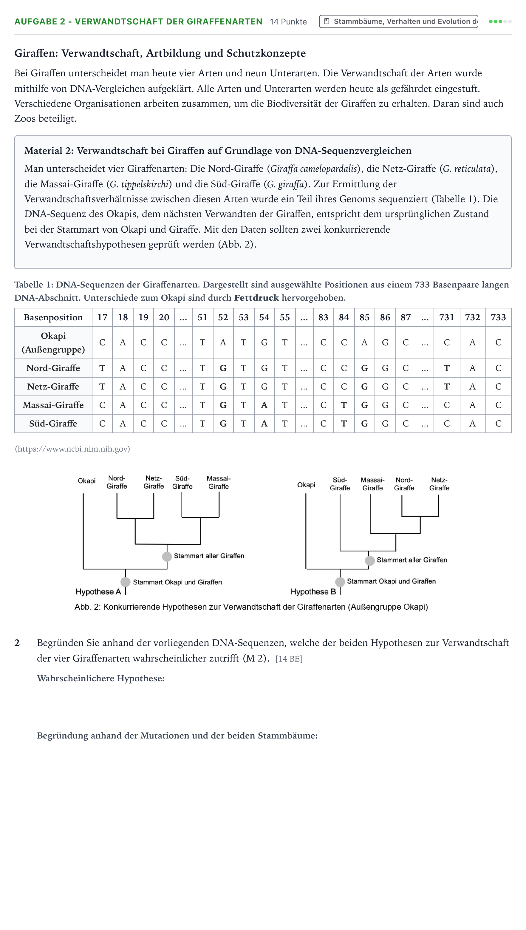 Aufgabenstellung: Aufgabe 2 - Verwandtschaft der Giraffenarten · Abitur NRW Biologie LK · Giraffe 2025