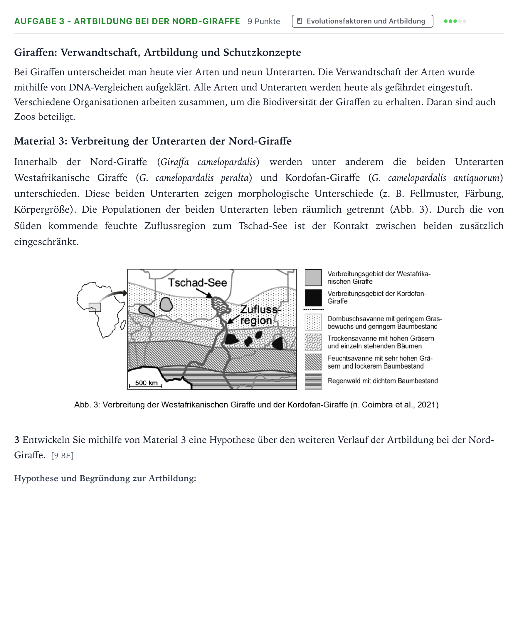 Aufgabenstellung: Aufgabe 3 - Artbildung bei der Nord-Giraffe · Abitur NRW Biologie LK · Giraffe 2025