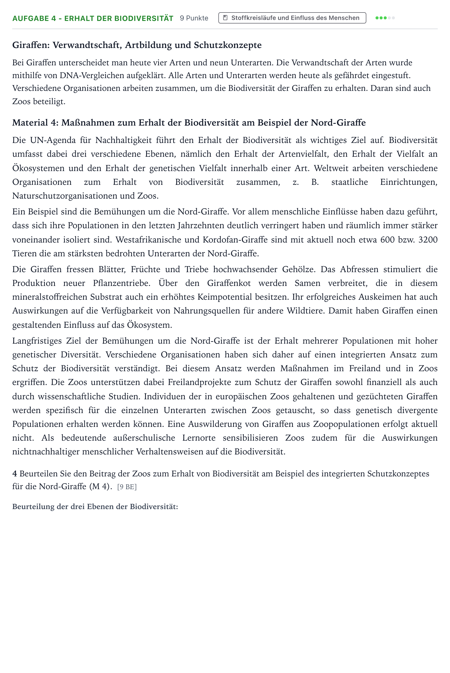 Aufgabenstellung: Aufgabe 4 - Erhalt der Biodiversität · Abitur NRW Biologie LK · Giraffe 2025
