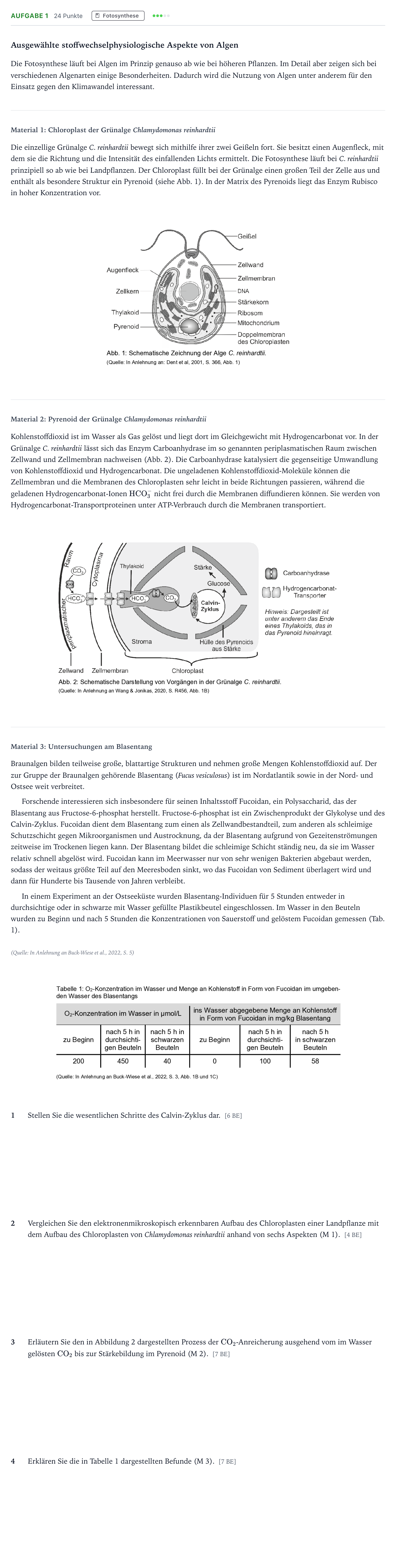 Aufgabenstellung: Aufgabe 1 – Fotosynthese · Abitur NRW Biologie GK · Fotosynthese bei Algen 2026