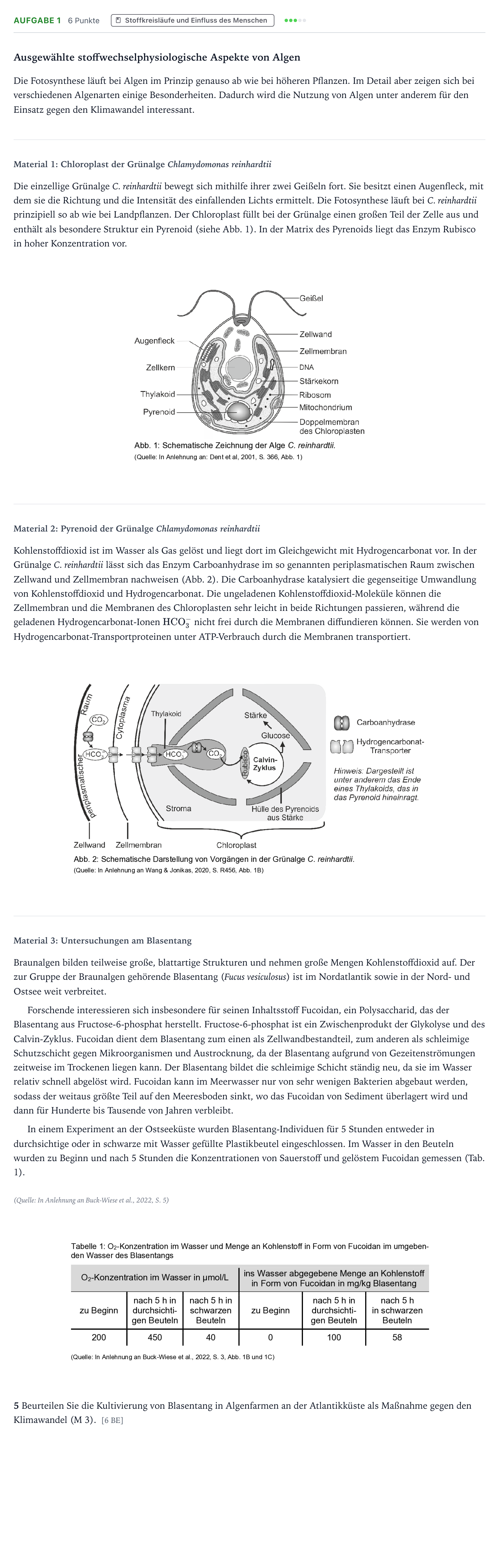 Aufgabenstellung: Aufgabe 1 – Stoffkreisläufe und Einfluss des Menschen · Abitur NRW Biologie GK · Fotosynthese bei Algen 2026