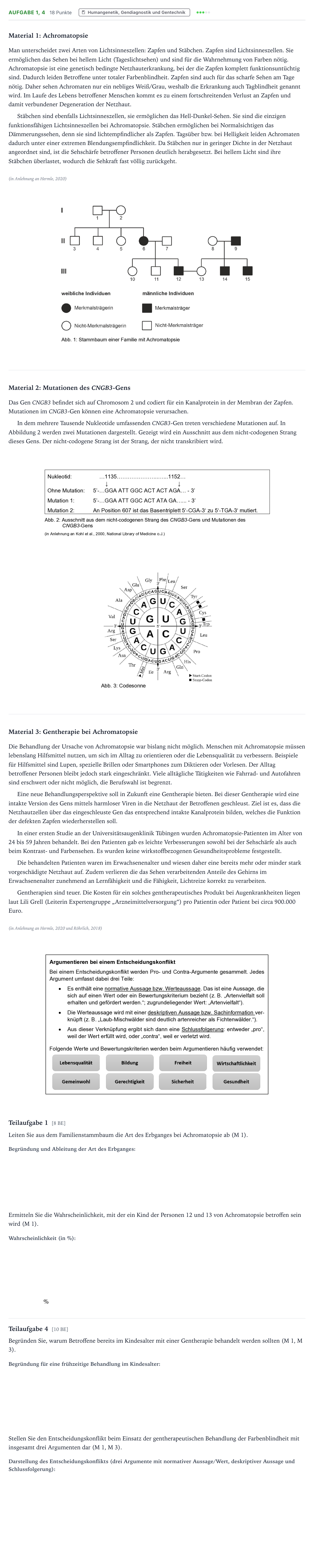 Aufgabenstellung: Aufgabe 1, 4 - Humangenetik, Gendiagnostik und Gentechnik · Abitur NRW Biologie GK · Farbblindheit-GN 2025