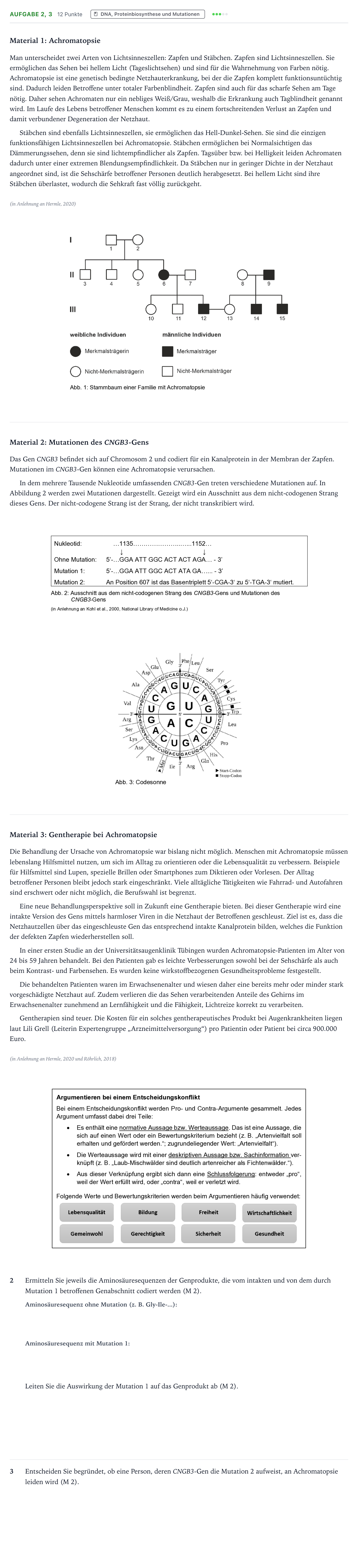 Aufgabenstellung: Aufgabe 2, 3 - DNA, Proteinbiosynthese und Mutationen · Abitur NRW Biologie GK · Farbblindheit-GN 2025
