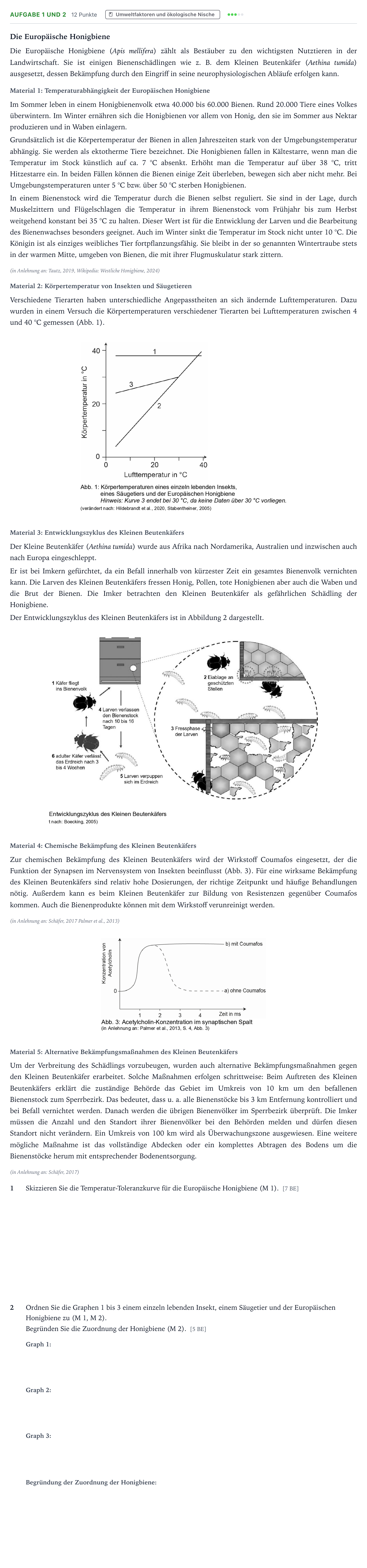 Aufgabenstellung: Aufgabe 1 und 2 - Umweltfaktoren und ökologische Nische · Abitur NRW Biologie GK · Honigbiene 2025