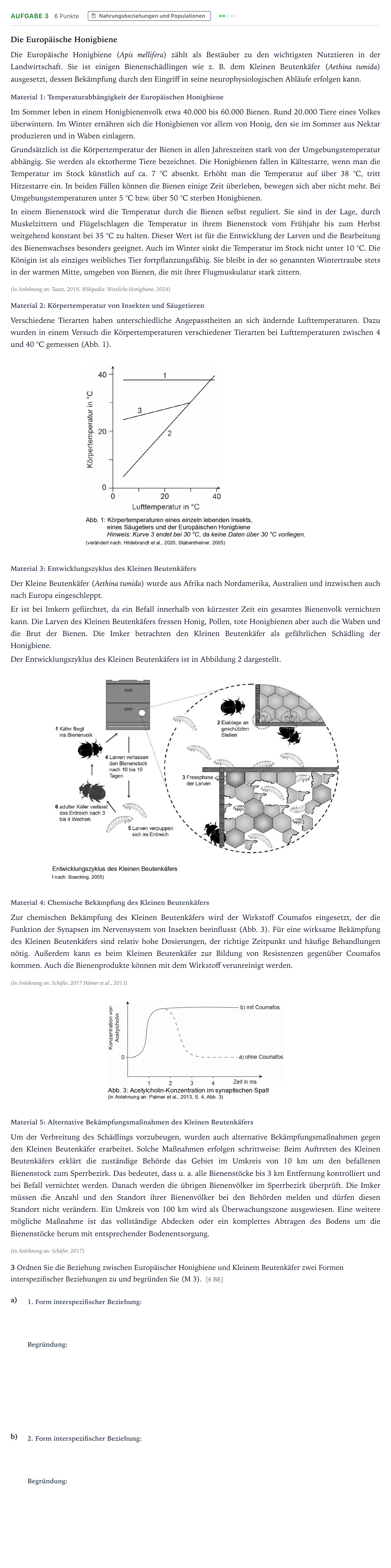 Aufgabenstellung: Aufgabe 3 - Nahrungsbeziehungen und Populationen · Abitur NRW Biologie GK · Honigbiene 2025