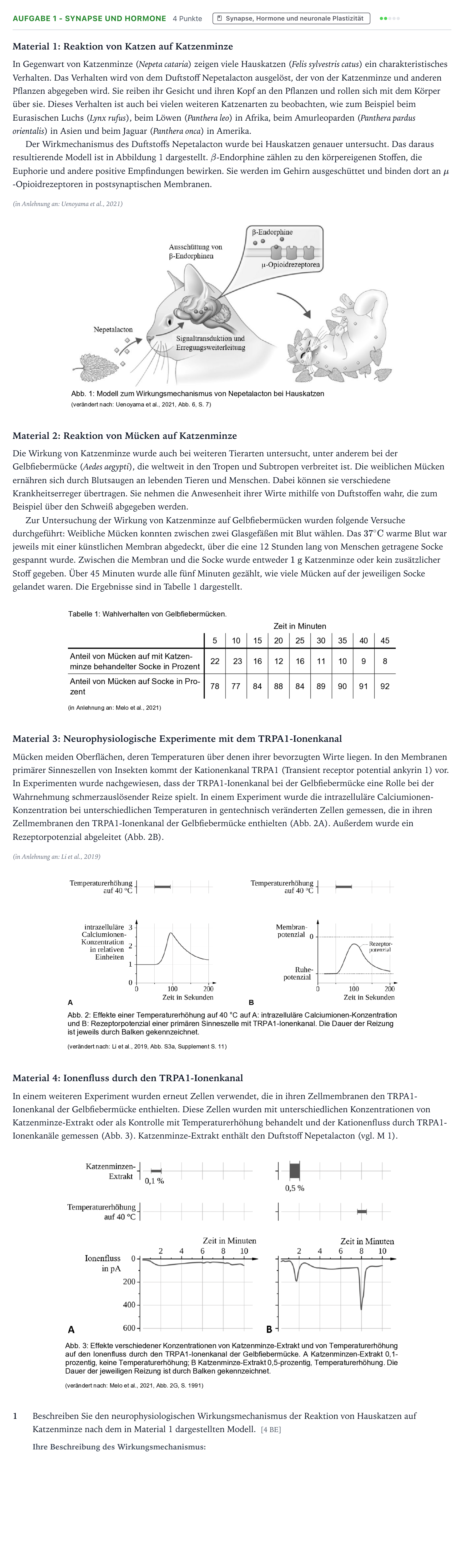 Aufgabenstellung: Aufgabe 1 - Synapse und Hormone · Abitur NRW Biologie LK · Katzenminze 2025