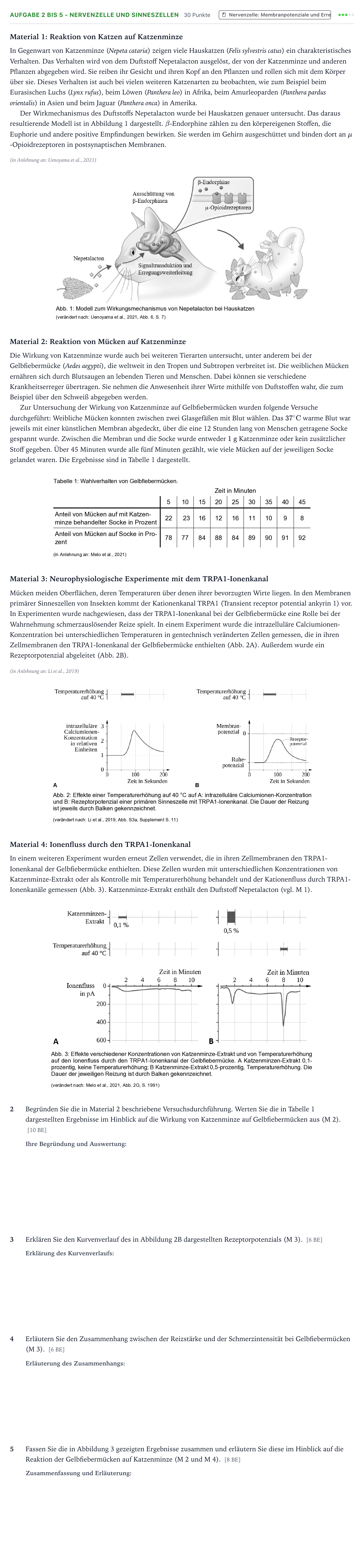 Aufgabenstellung: Aufgabe 2 bis 5 - Nervenzelle und Sinneszellen · Abitur NRW Biologie LK · Katzenminze 2025
