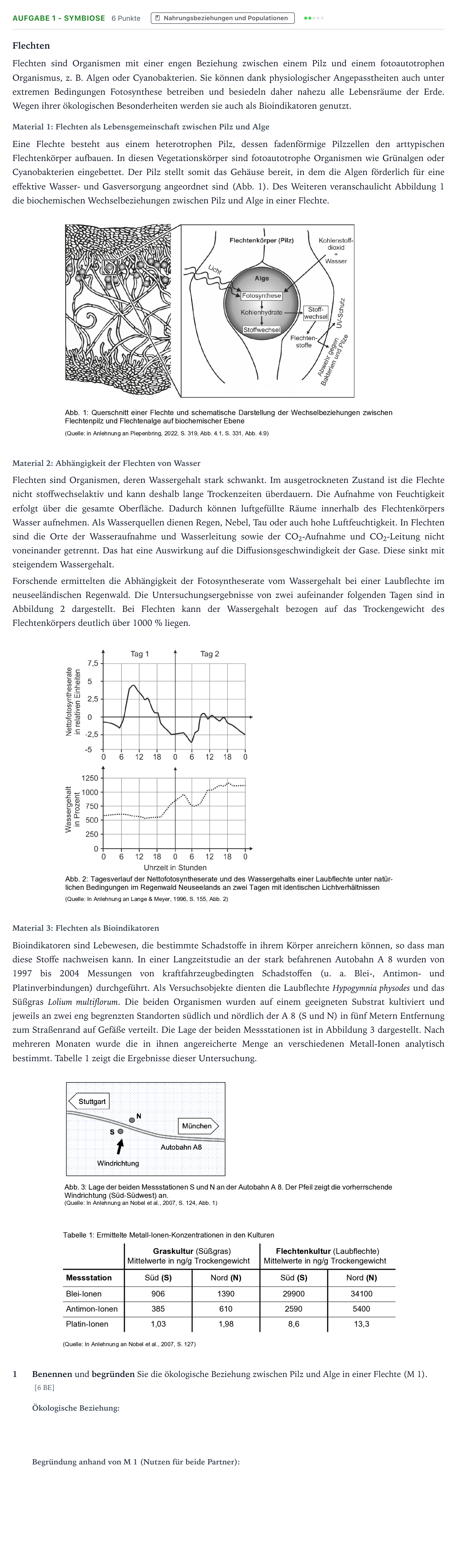 Aufgabenstellung: Aufgabe 1 - Symbiose · Abitur NRW Biologie LK · Flechten 2026