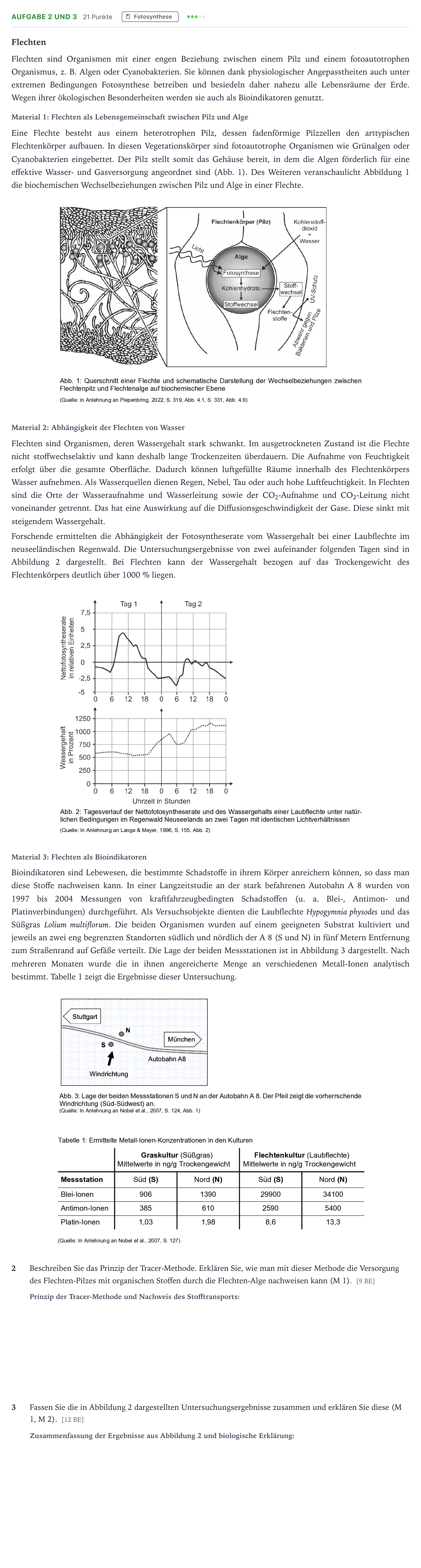 Aufgabenstellung: Aufgabe 2 und 3 - Fotosynthese · Abitur NRW Biologie LK · Flechten 2026