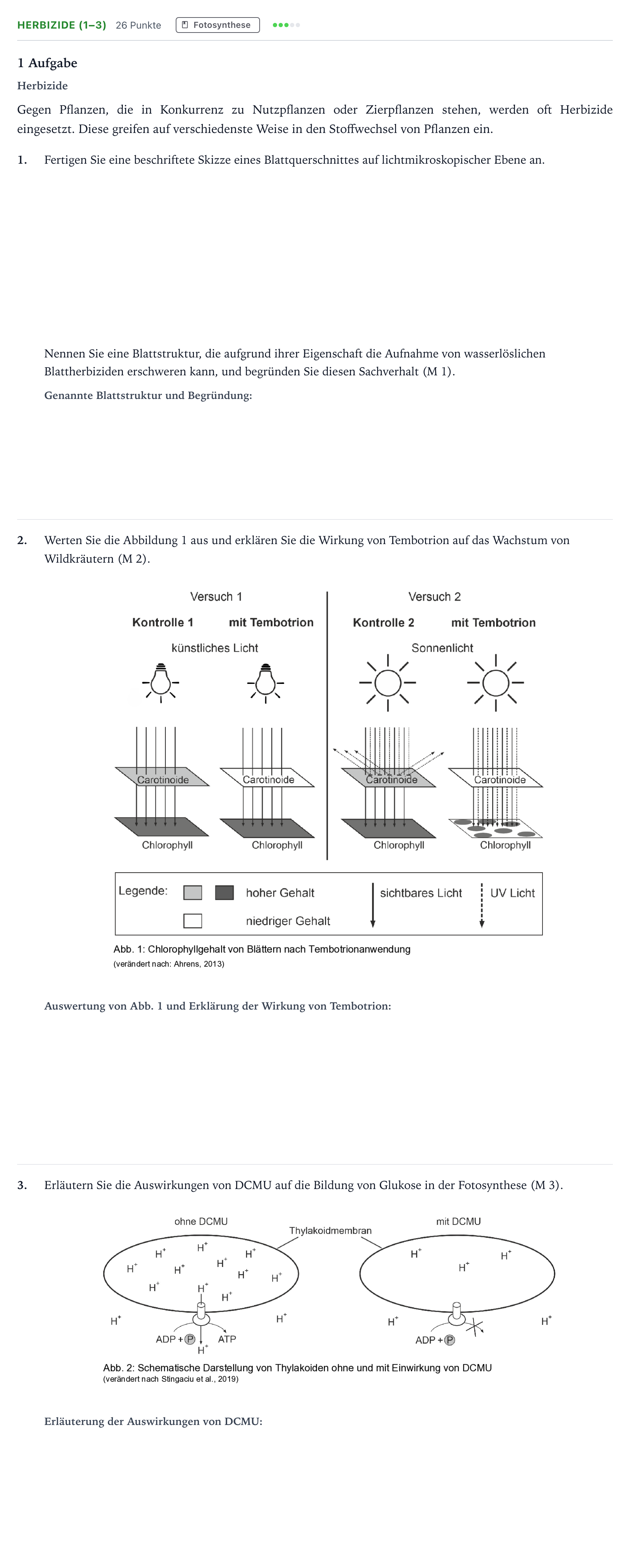 Aufgabenstellung: Aufgabe Herbizide (1–3) – Fotosynthese · Abitur NRW Biologie GK · Herbizide-GN 2025