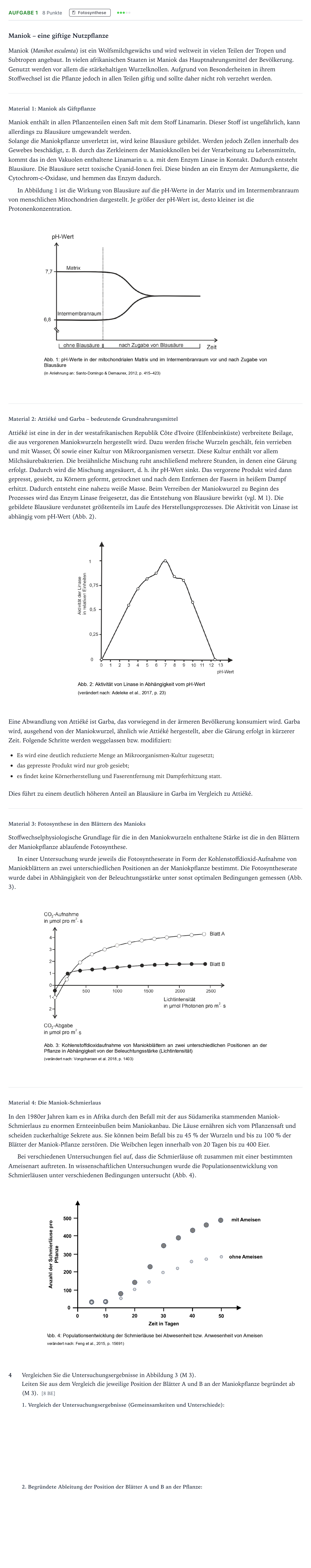 Aufgabenstellung: Aufgabe 1 - Fotosynthese · Abitur NRW Biologie LK · Maniok-EN 2025