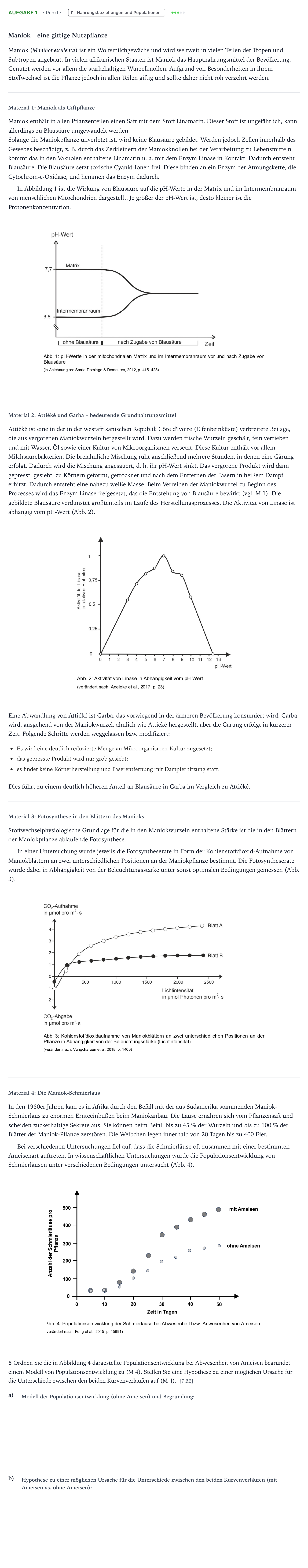 Aufgabenstellung: Aufgabe 1 - Nahrungsbeziehungen und Populationen · Abitur NRW Biologie LK · Maniok-EN 2025