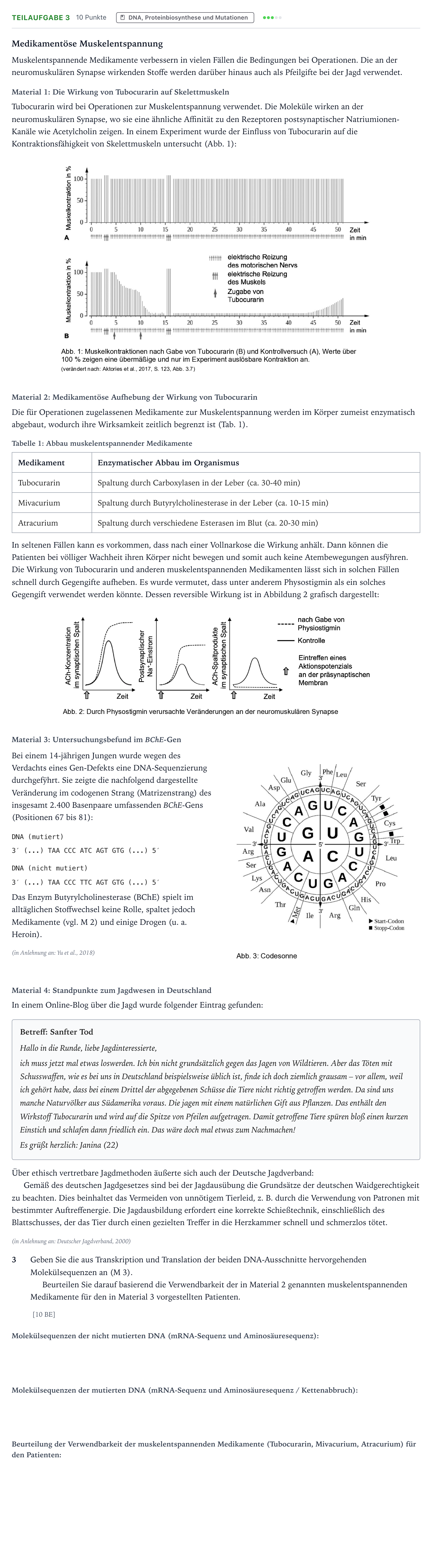 Aufgabenstellung: Teilaufgabe 3 - DNA, Proteinbiosynthese und Mutat… · Abitur NRW Biologie LK · Narkosemittel 2025