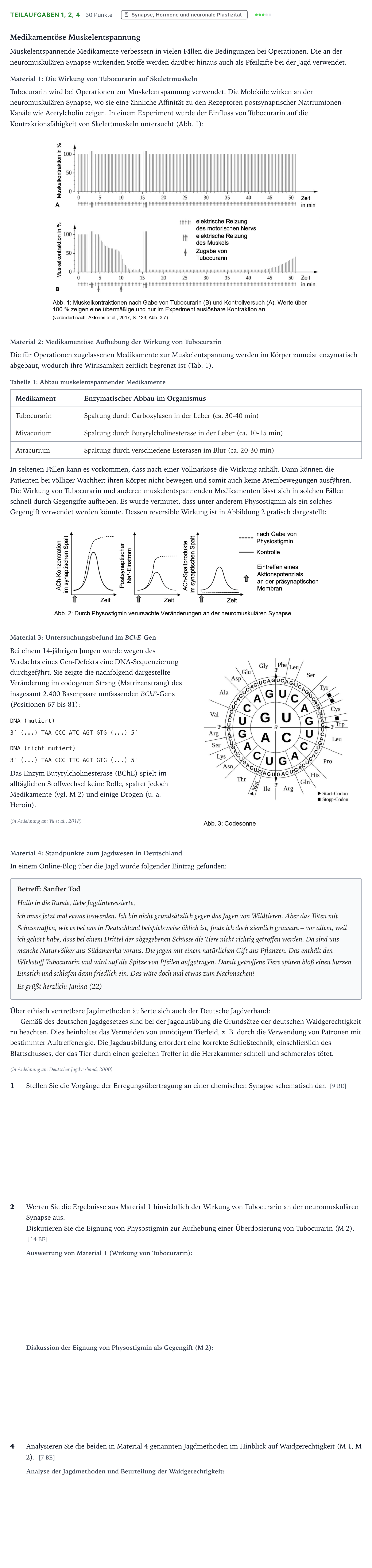 Aufgabenstellung: Aufgabe Teilaufgaben 1, 2, 4 - Synapse, Hormone und neuro… · Abitur NRW Biologie LK · Narkosemittel 2025