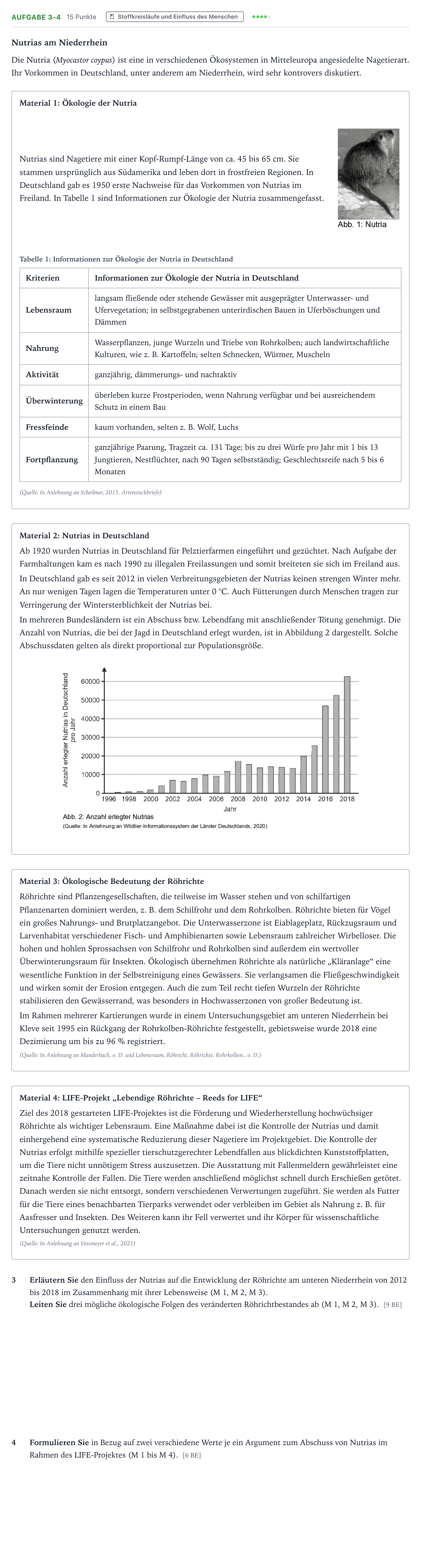 Aufgabenstellung: Aufgabe 3-4 - Stoffkreisläufe und Einfluss des Menschen · Abitur NRW Biologie GK · Nutria 2026
