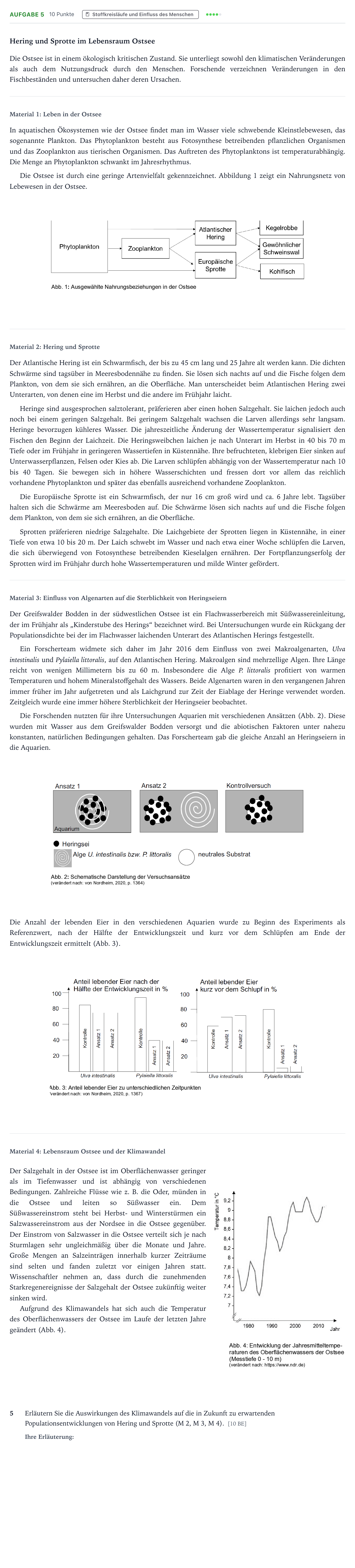 Aufgabenstellung: Aufgabe 5 - Stoffkreisläufe und Einfluss des Menschen · Abitur NRW Biologie LK · Ostsee 2025