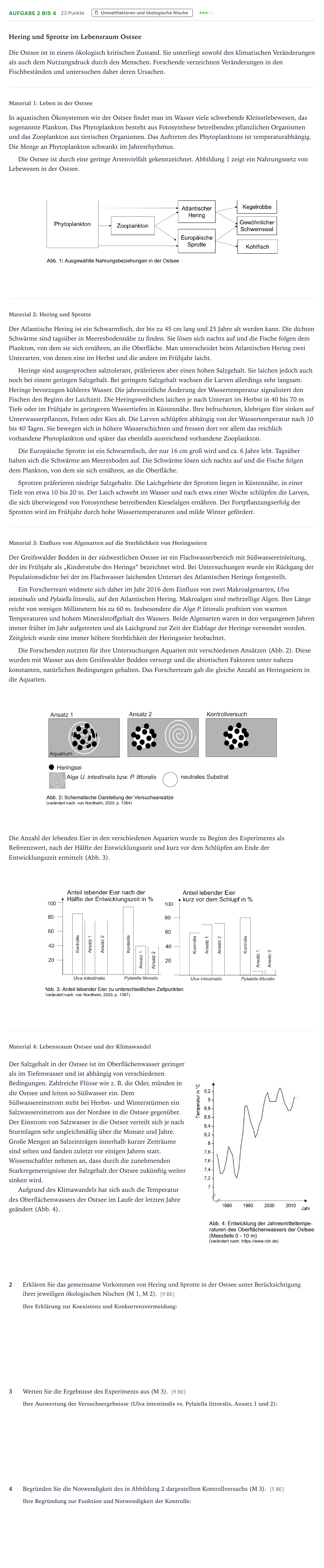 Aufgabenstellung: Aufgabe 2 bis 4 - Umweltfaktoren und ökologische Nische · Abitur NRW Biologie LK · Ostsee 2025