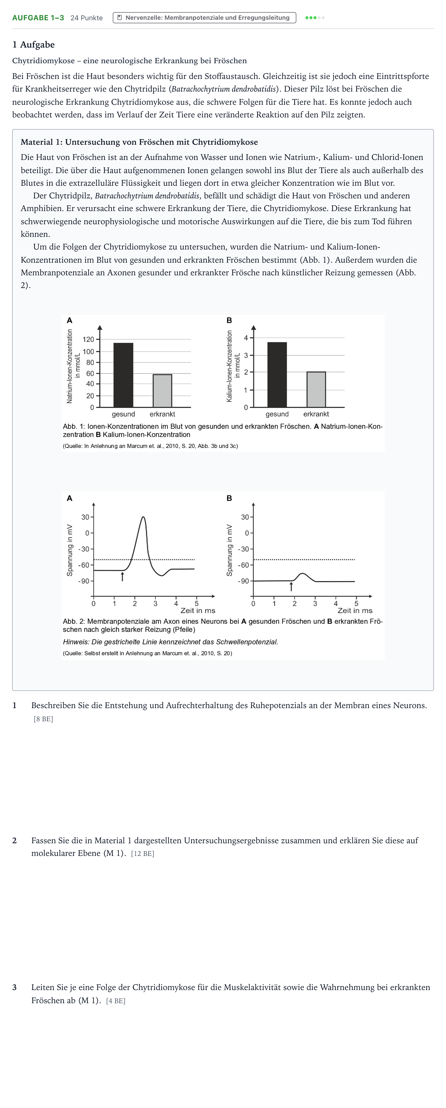 Aufgabenstellung: Aufgabe 1–3 - Nervenzelle: Membranpotenziale und… · Abitur NRW Biologie GK · Pilzinfektion Frösche 2026