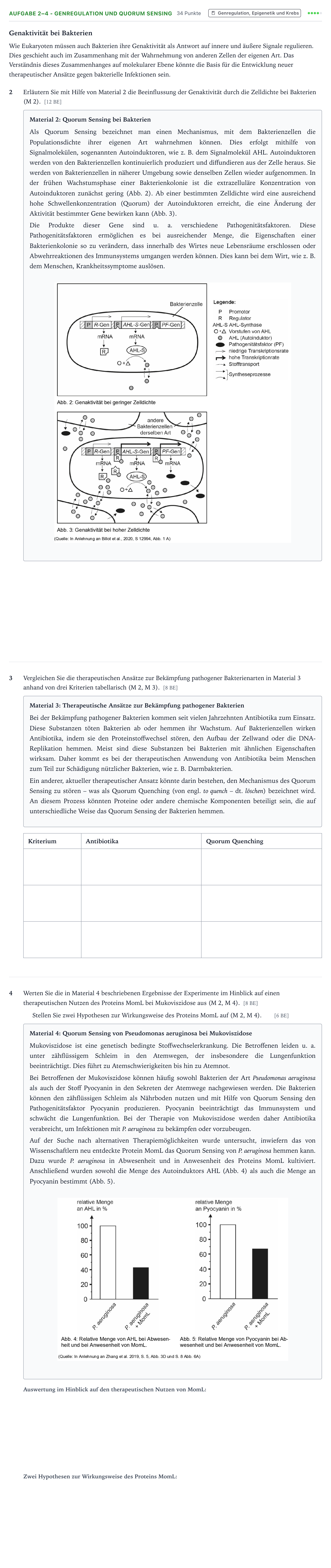 Aufgabenstellung: Aufgabe 2–4 - Genregulation und Quorum Sensing · Abitur NRW Biologie LK · Quorum Sensing 2026