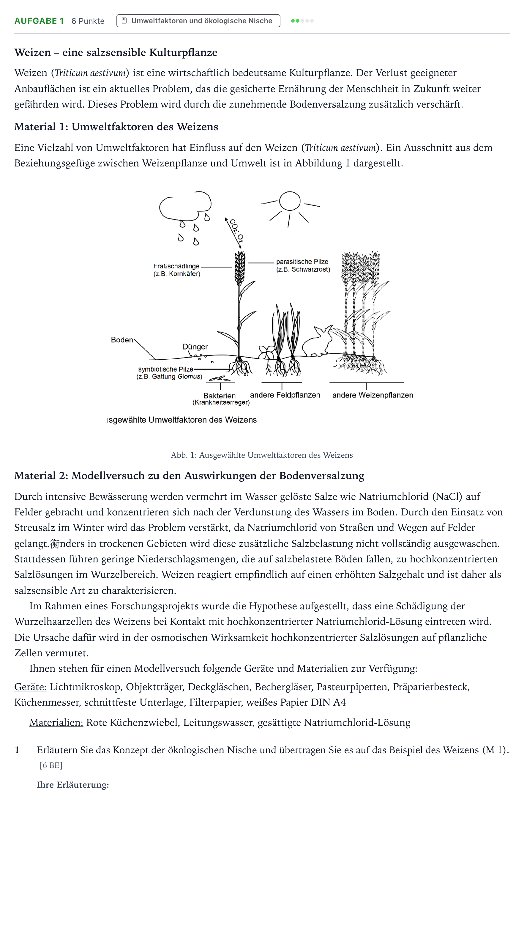 Aufgabenstellung: Aufgabe 1 · Abitur NRW Biologie LK · Salztoleranz-EN 2025