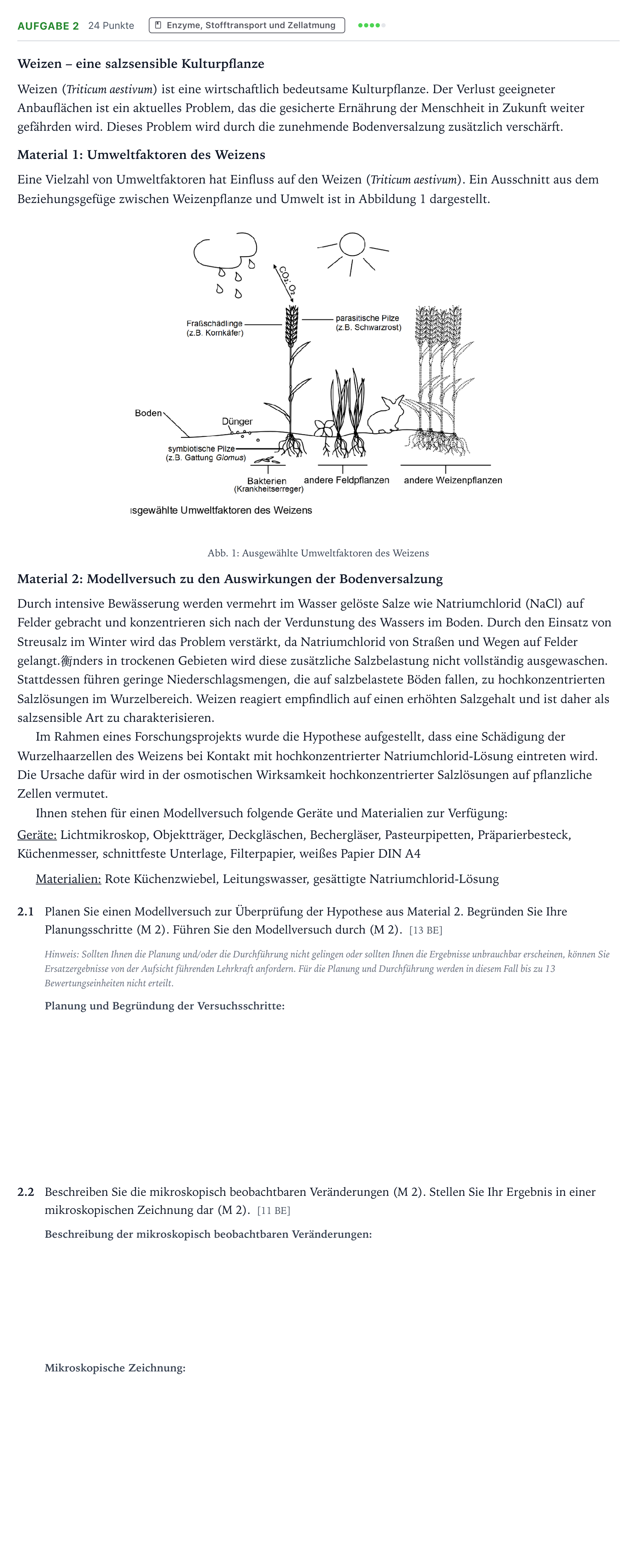 Aufgabenstellung: Aufgabe 2 · Abitur NRW Biologie LK · Salztoleranz-EN 2025