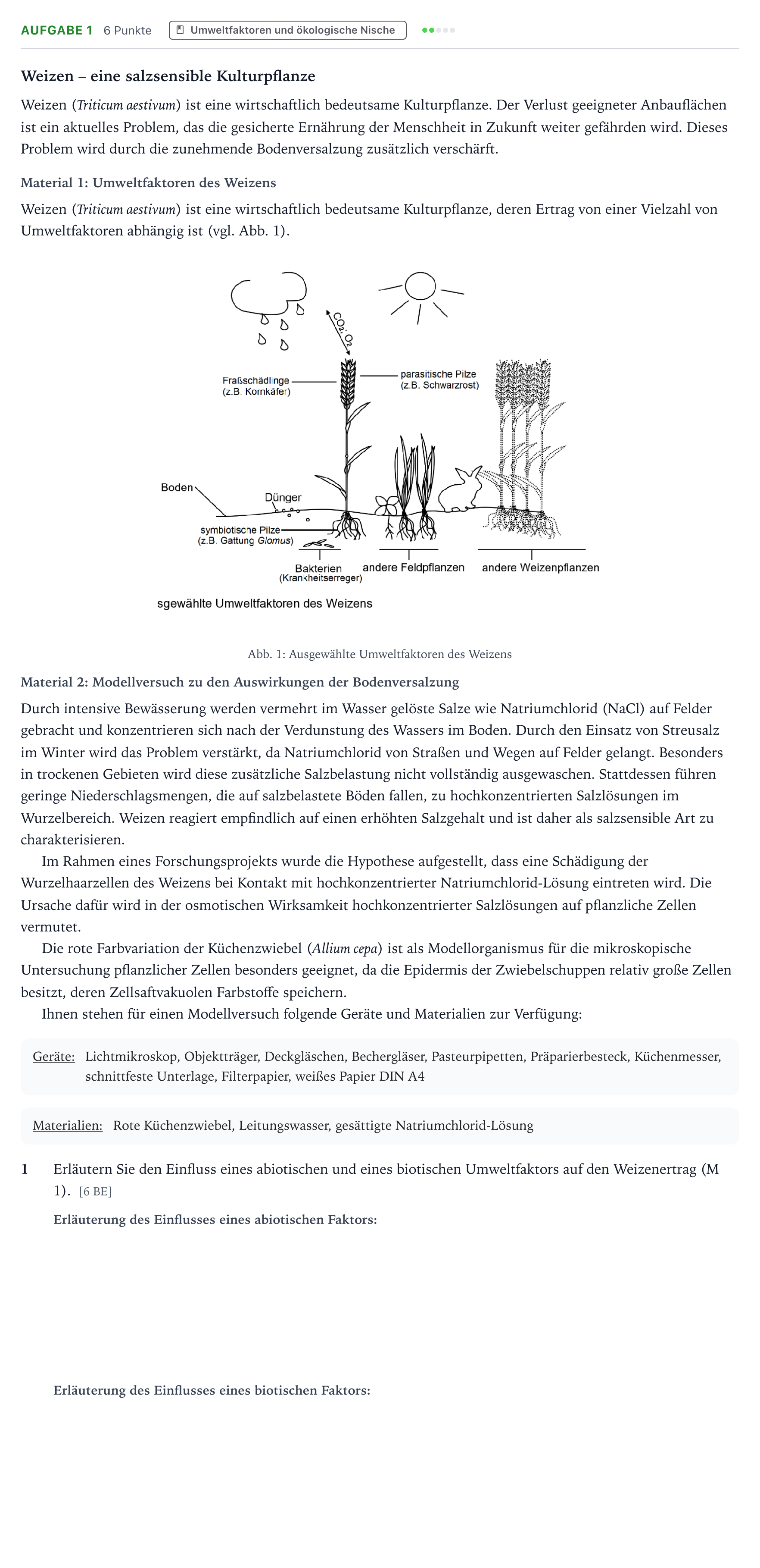 Aufgabenstellung: Aufgabe 1 - Umweltfaktoren und ökologische Nische · Abitur NRW Biologie GK · Salztoleranz-GN 2025