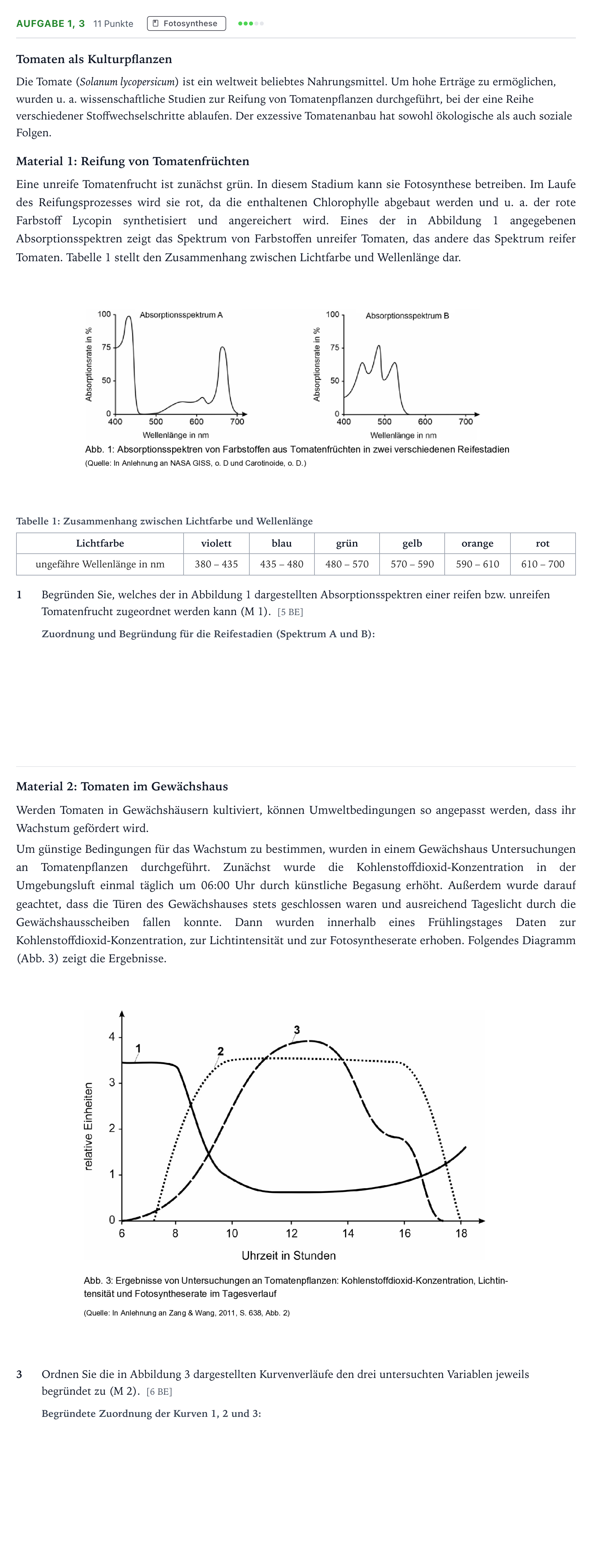 Aufgabenstellung: Aufgabe 1, 3 - Fotosynthese · Abitur NRW Biologie GK · Tomaten-GN 2026