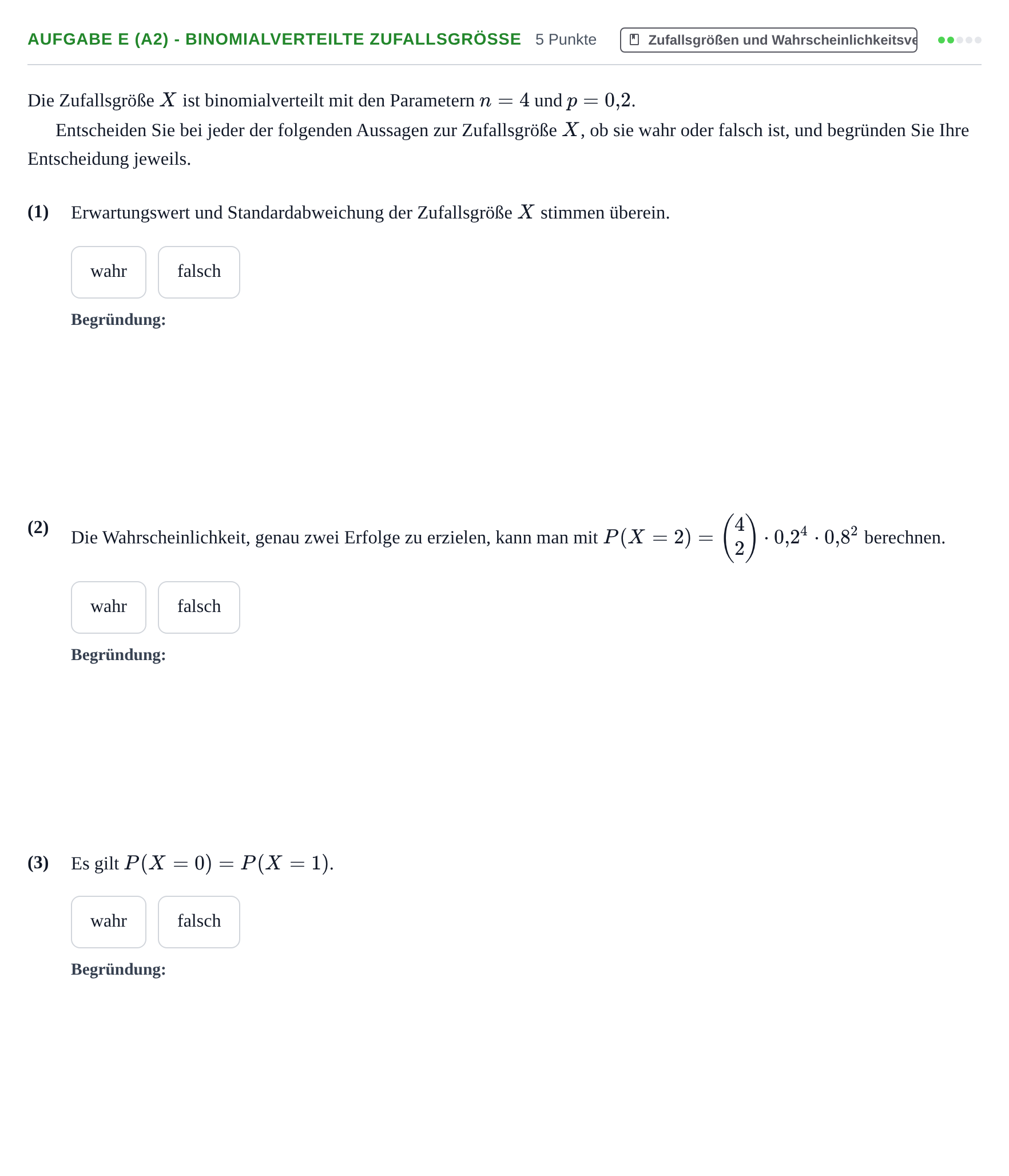 Aufgabenstellung: Aufgabe e (A2) - Binomialverteilte Zufallsgröße · Abitur NRW Mathematik LK · Nachtermin · CAS 2021