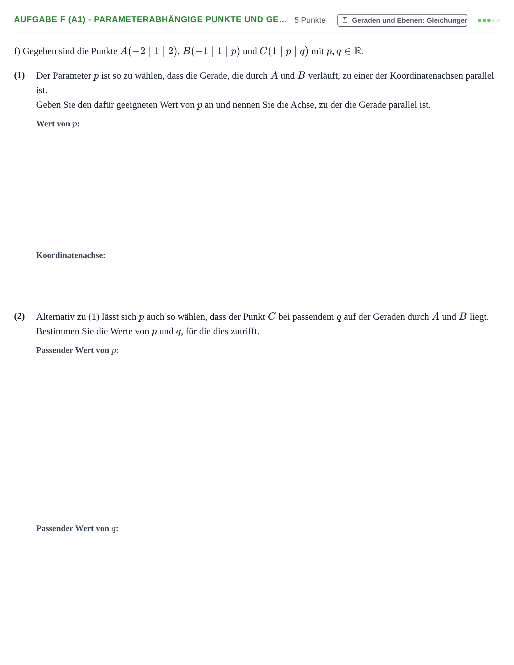 Aufgabenstellung: Aufgabe f (A1) - Parameterabhängige Punkte und Ge… · Abitur NRW Mathematik LK · Nachtermin · CAS 2021