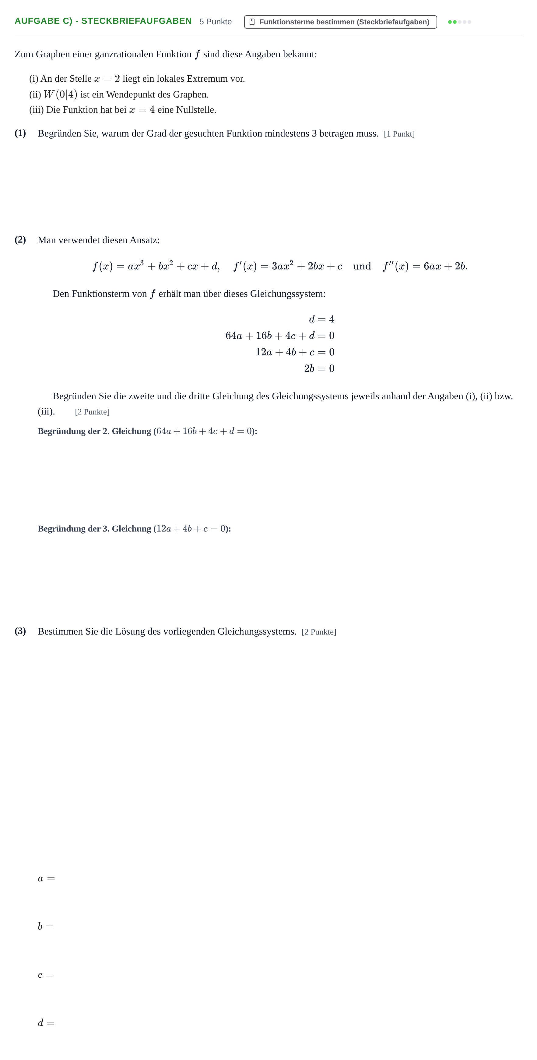Aufgabenstellung: Aufgabe c) - Steckbriefaufgaben · Abitur NRW Mathematik LK · Nachtermin · CAS · Weiterbildungsko 2021