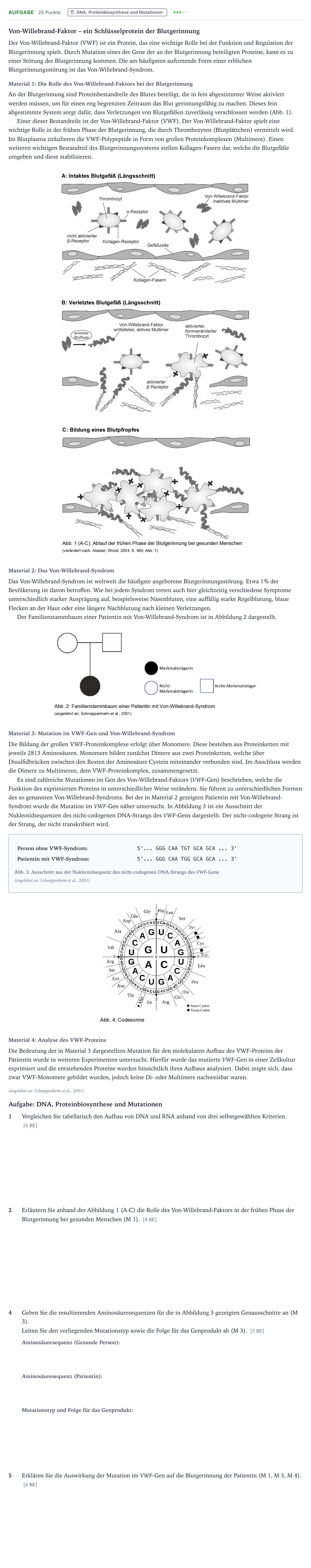 Aufgabenstellung: Aufgabe - DNA, Proteinbiosynthese und Mutationen · Abitur NRW Biologie GK · Von-Willebrand-Faktor 2025