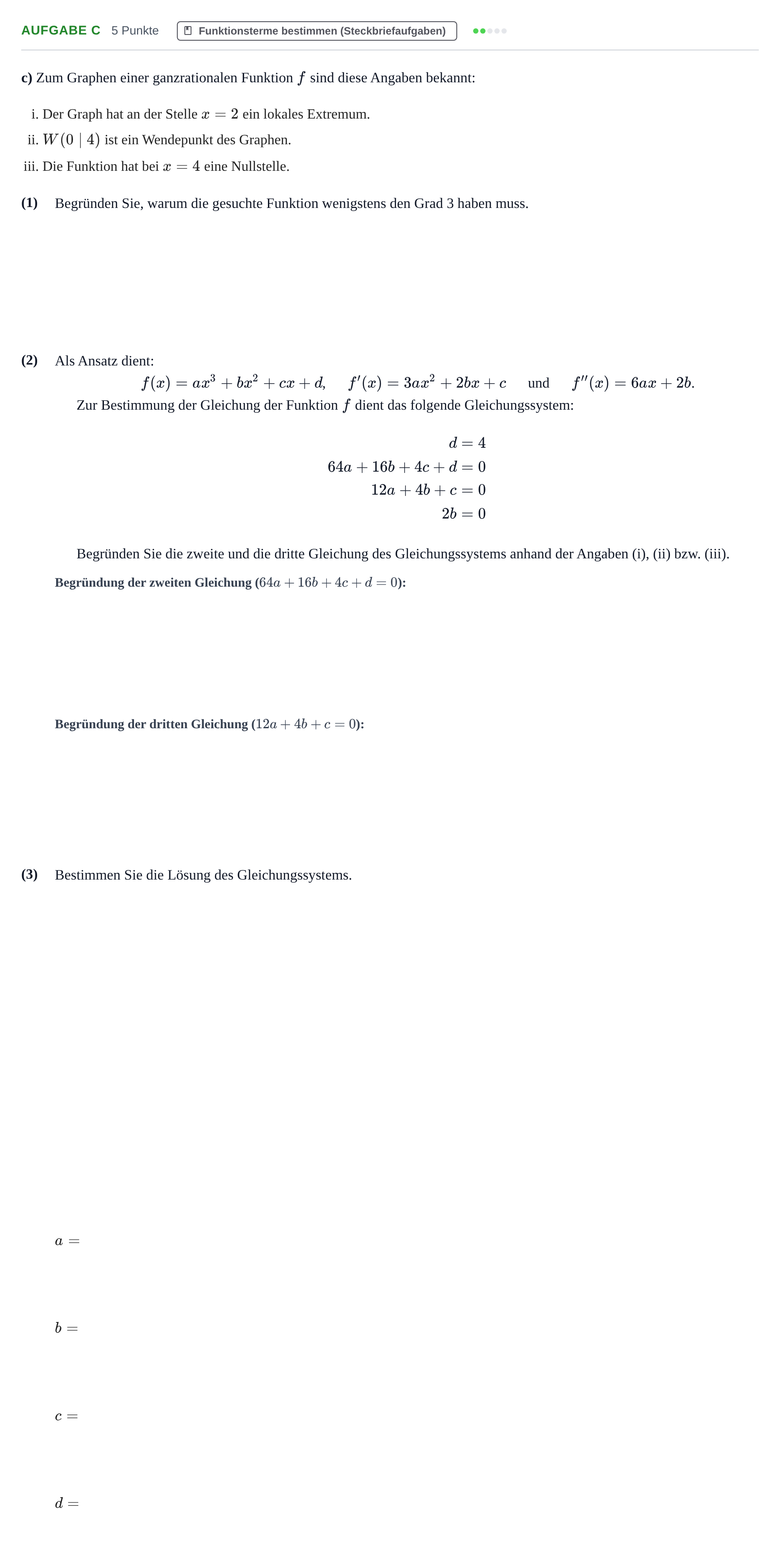 Aufgabenstellung: Aufgabe c - Funktionsterme bestimmen · Abitur NRW Mathematik LK · Nachtermin · GTR · Weiterbildungsko 2021